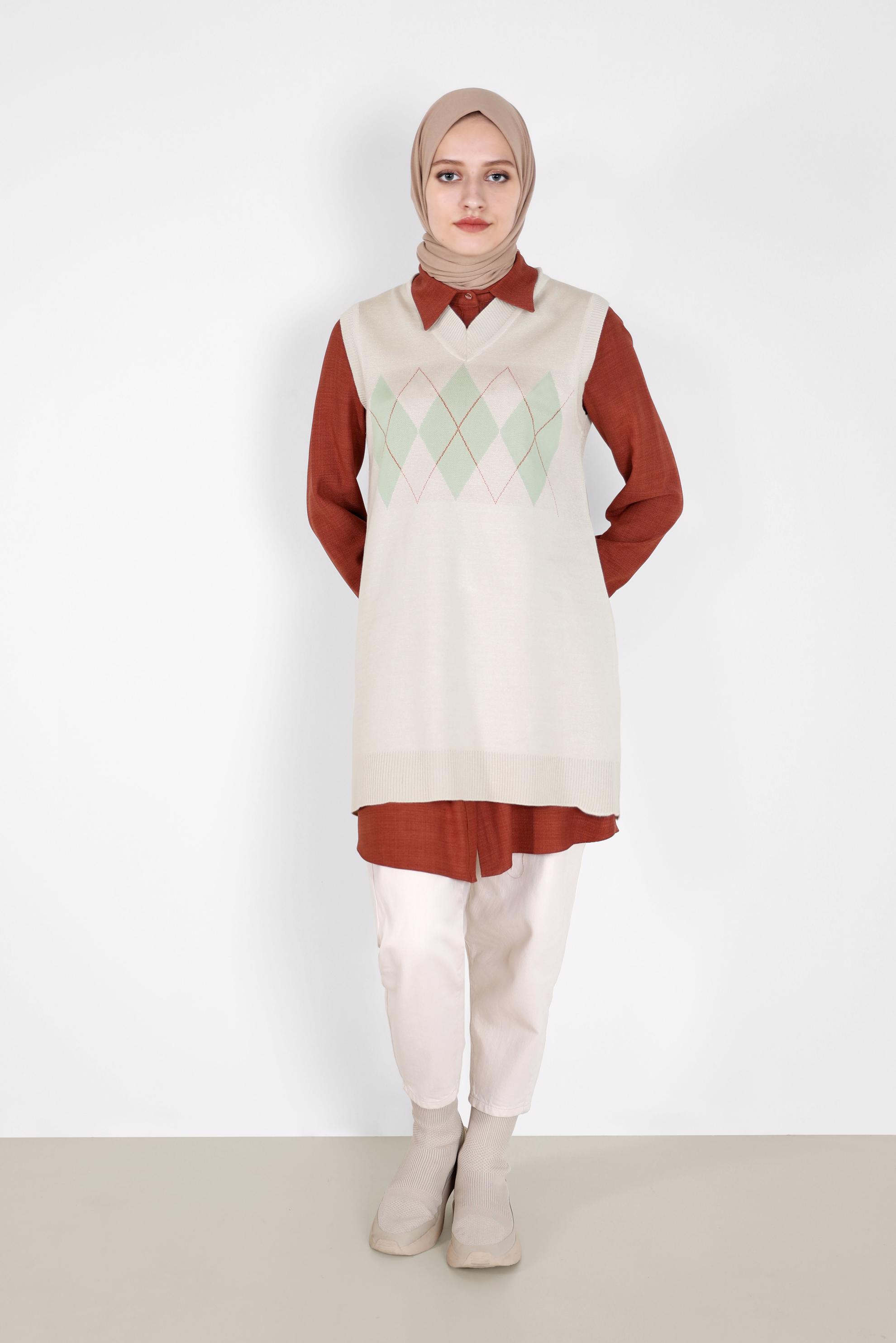 Tesettür giyim BEJ BAKLAVA DESENLİ TRİKO SÜVETER 42063 