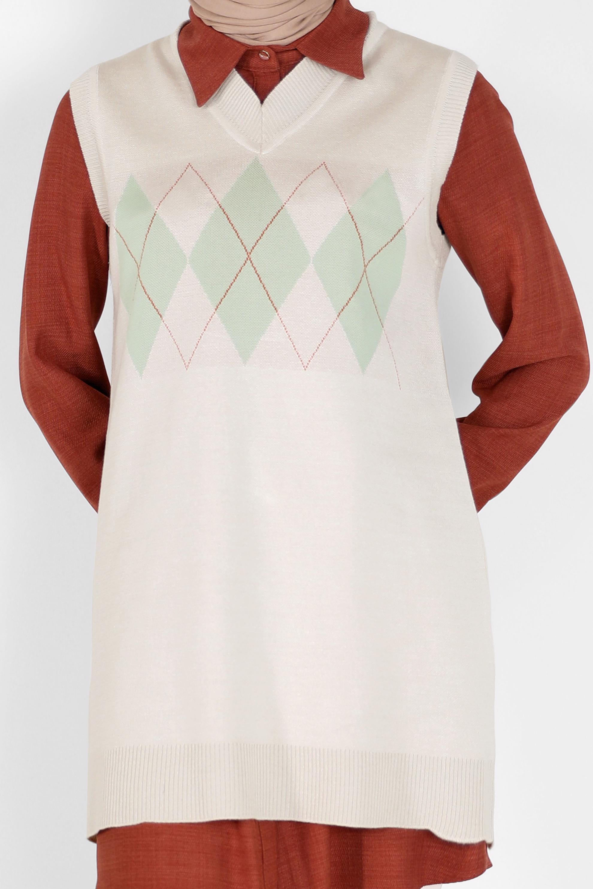 Tesettür giyim BEJ BAKLAVA DESENLİ TRİKO SÜVETER 42063 