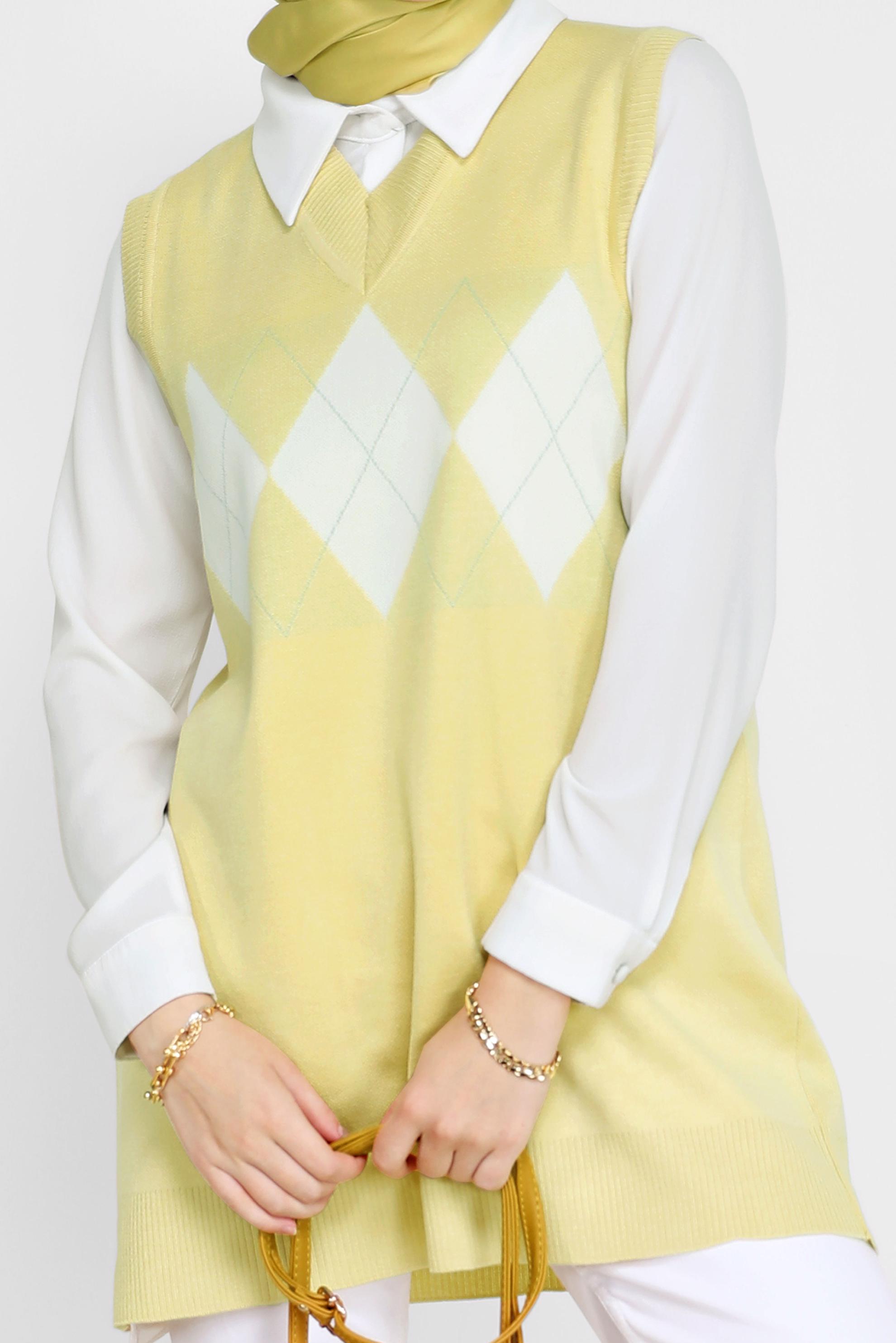 Tesettür giyim SARI BAKLAVA DESENLİ TRİKO SÜVETER 42063 