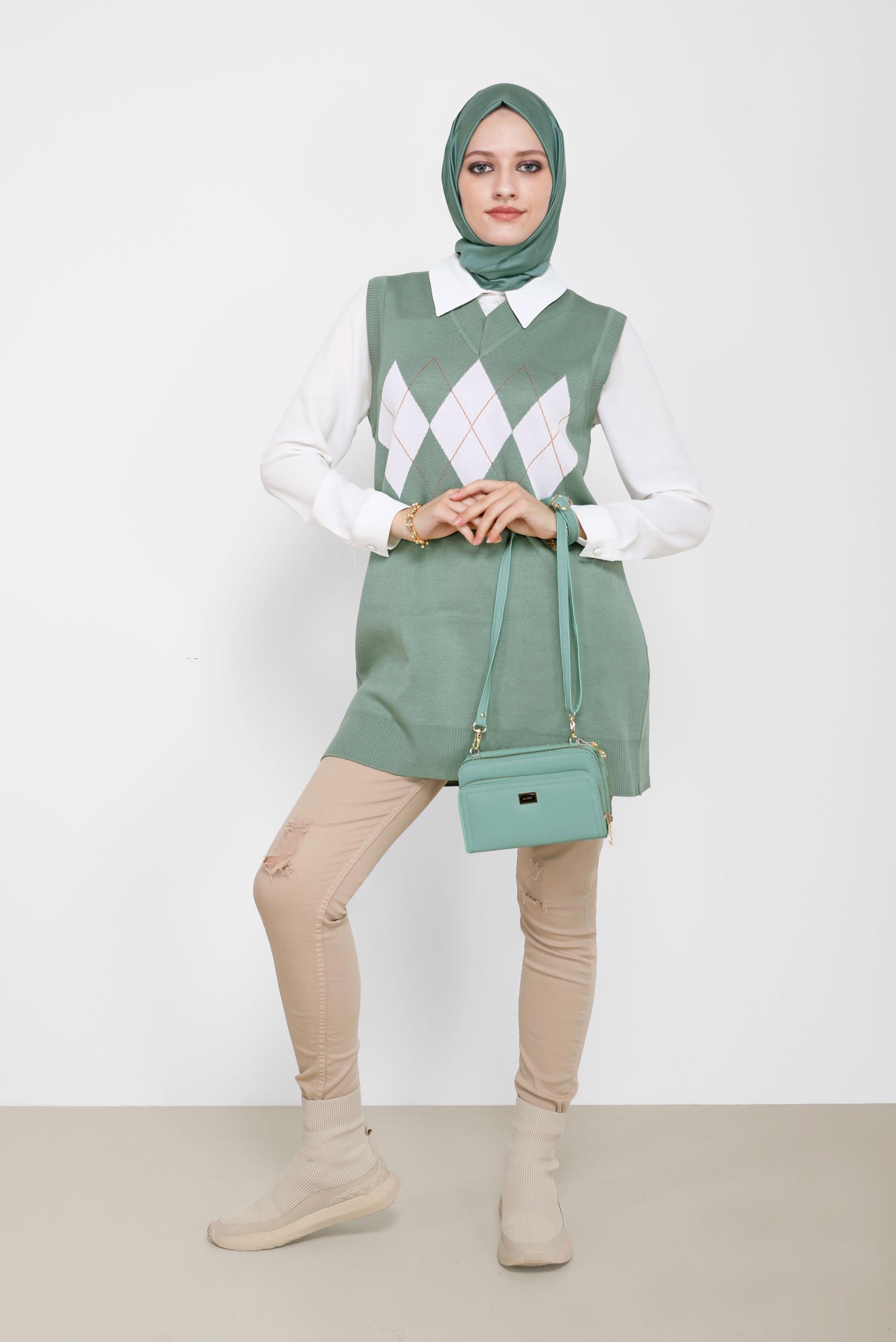 Tesettür giyim YEŞİL BAKLAVA DESENLİ TRİKO SÜVETER 42063 