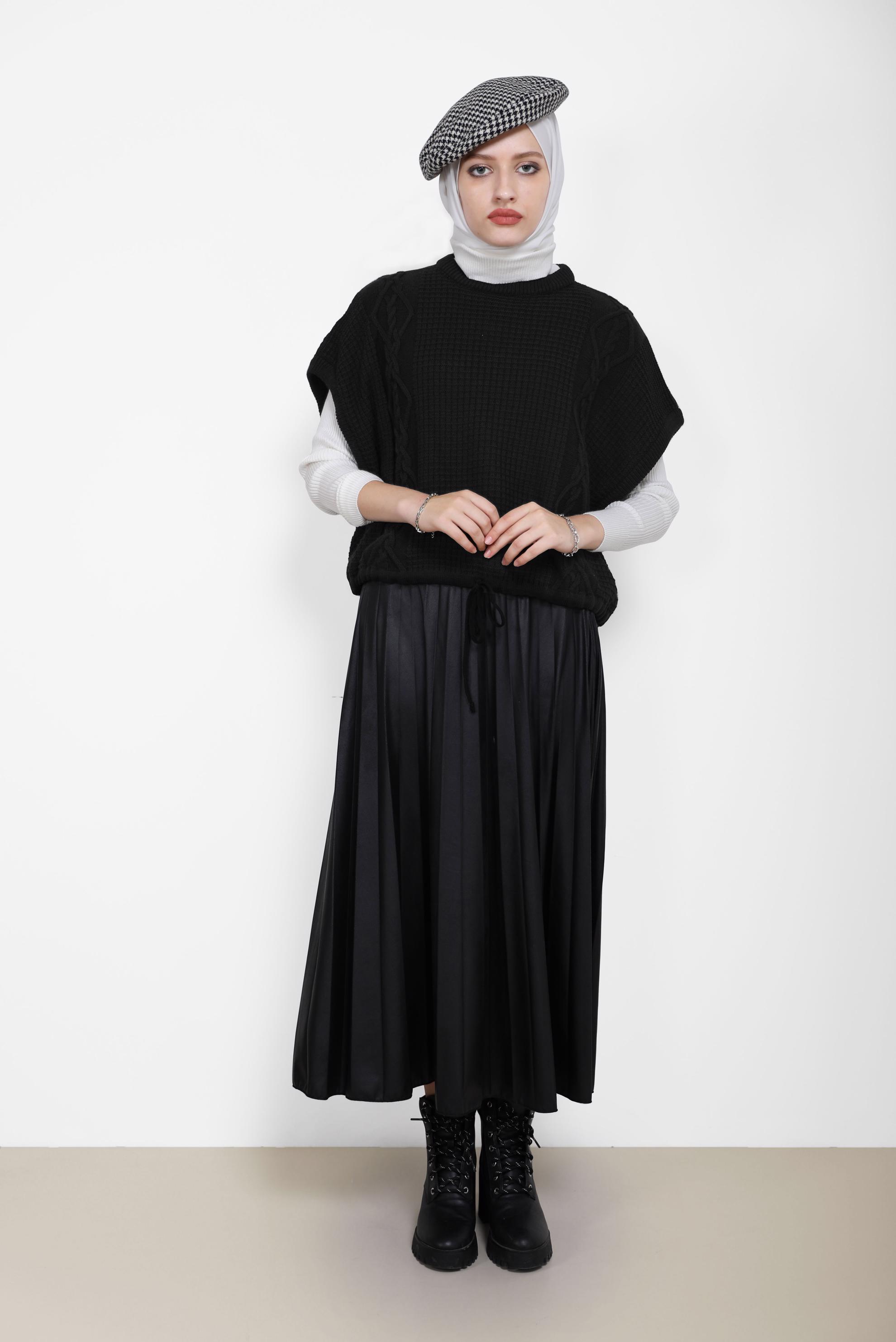 Tesettür giyim SİYAH KENDİNDEN DESENLİ BAĞLAMA DETAYLI TRİKO SÜVETER 42121 