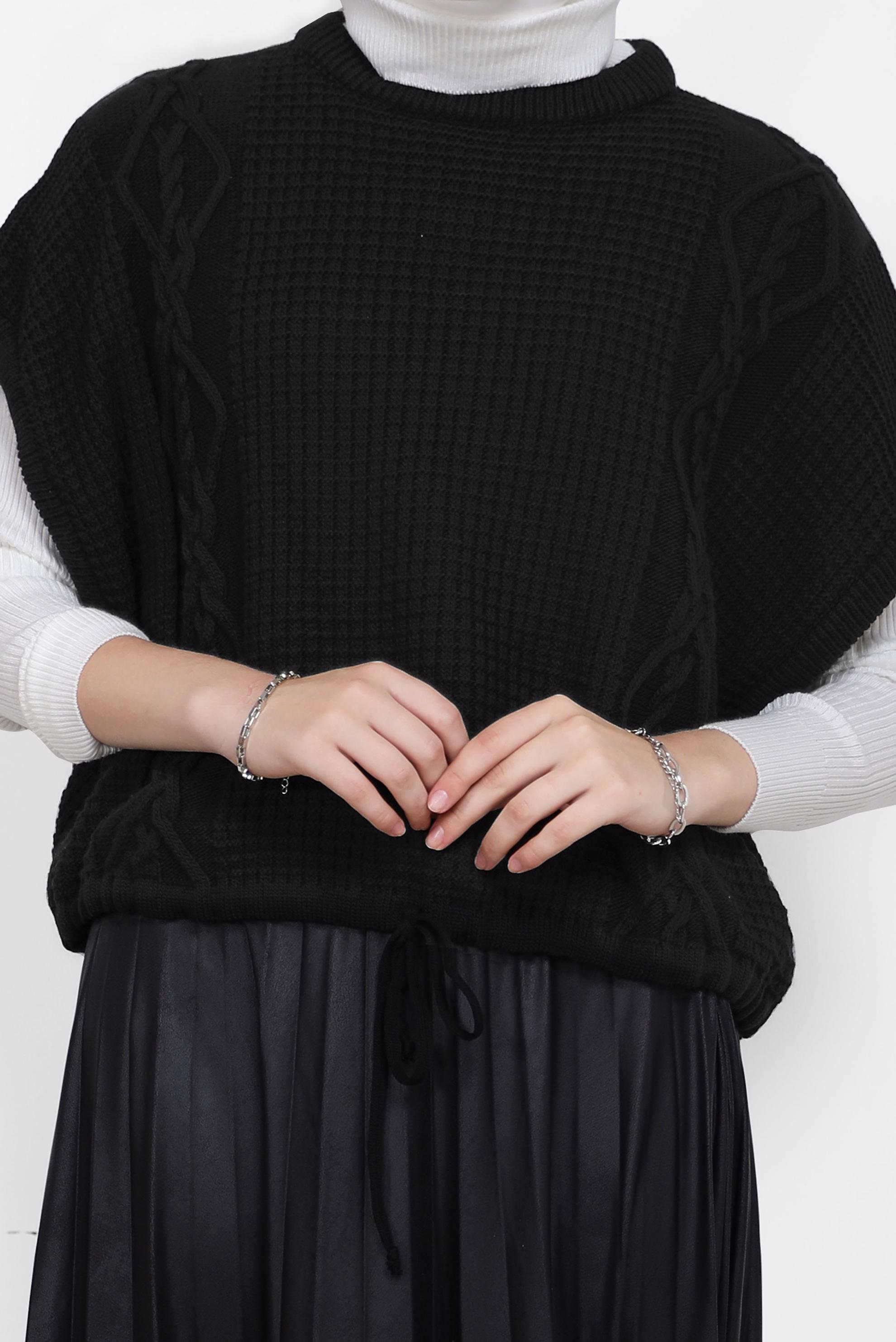 Tesettür giyim SİYAH KENDİNDEN DESENLİ BAĞLAMA DETAYLI TRİKO SÜVETER 42121 