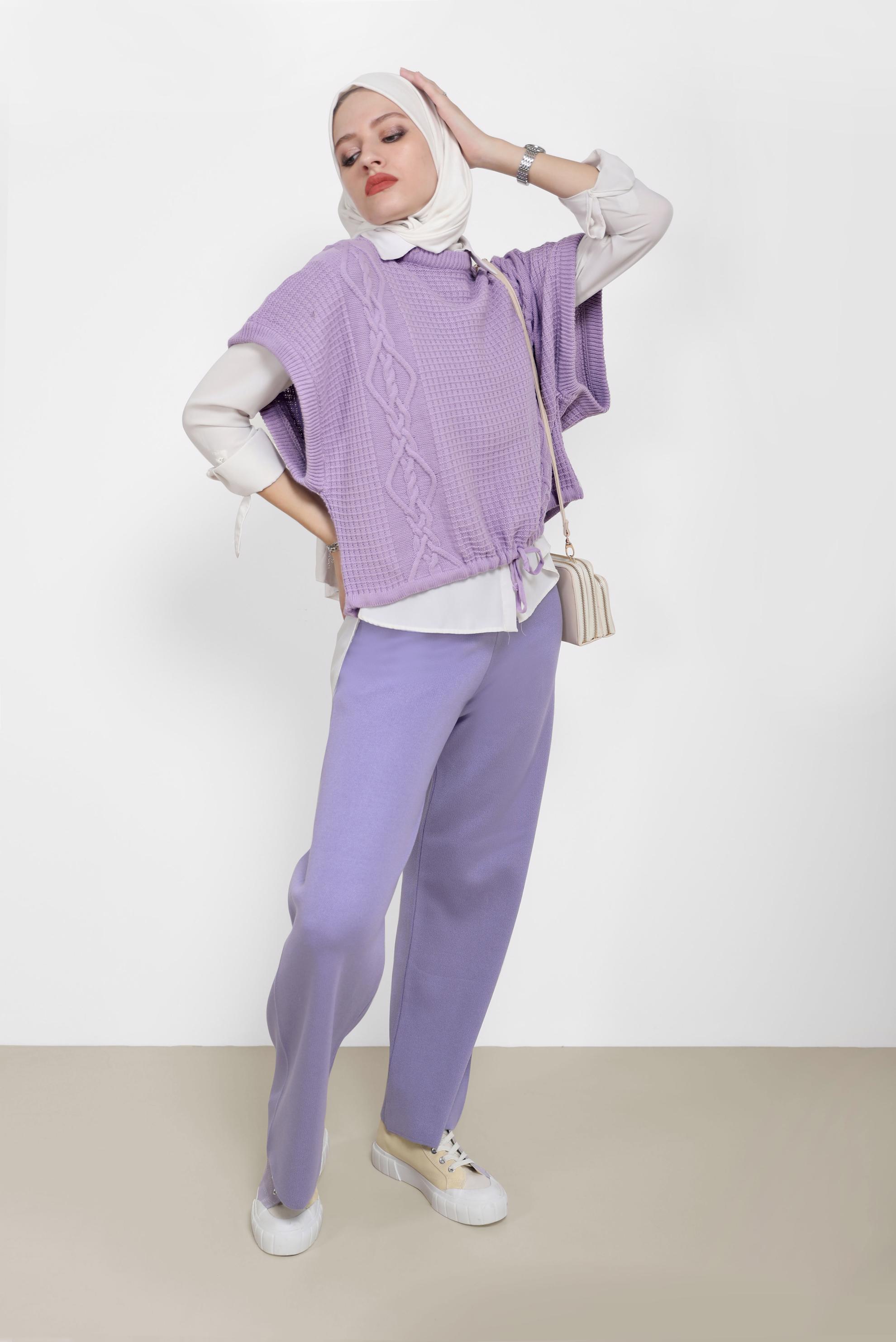 Tesettür giyim MOR KENDİNDEN DESENLİ BAĞLAMA DETAYLI TRİKO SÜVETER 42121 