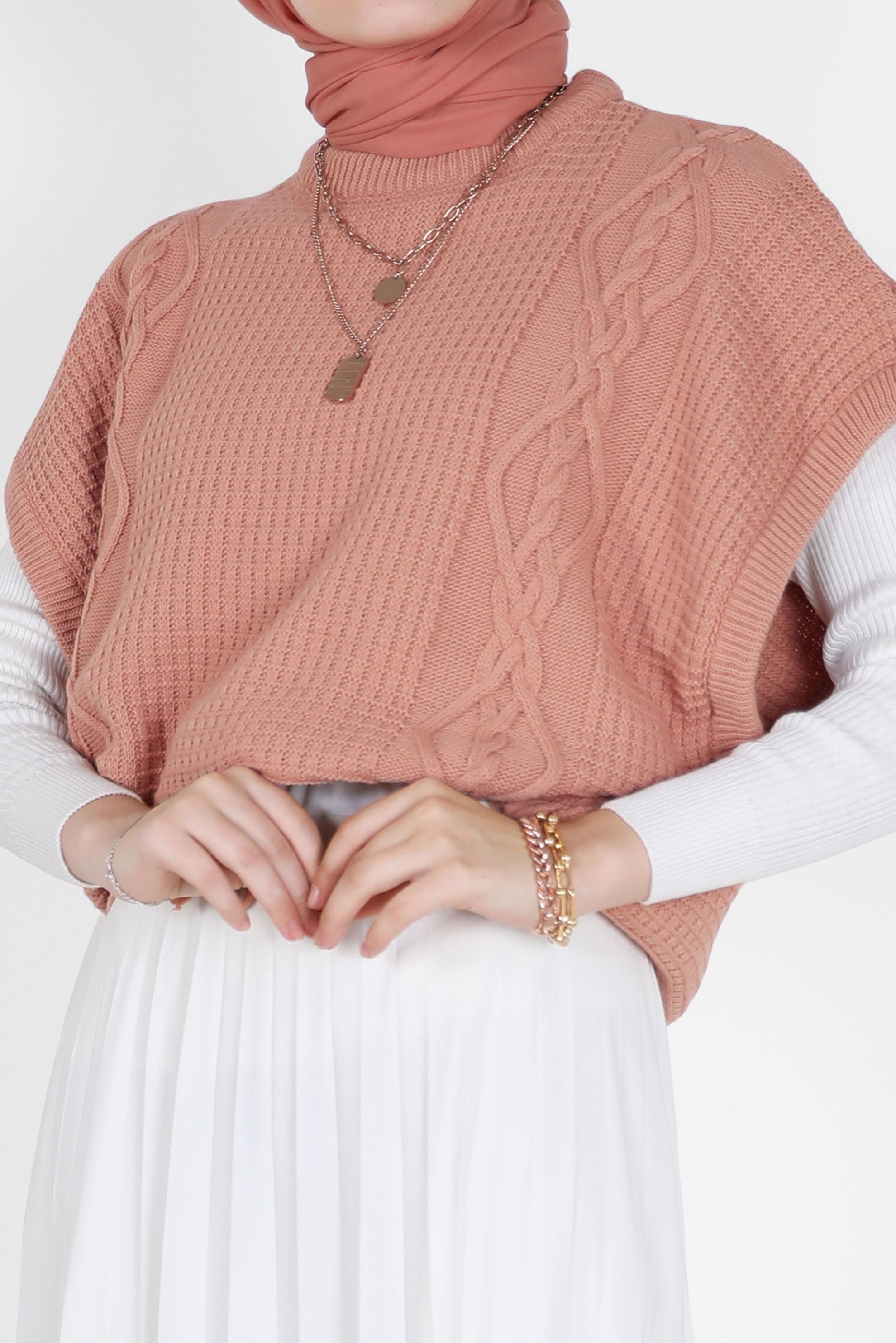 Tesettür giyim PUDRA KENDİNDEN DESENLİ BAĞLAMA DETAYLI TRİKO SÜVETER 42121 