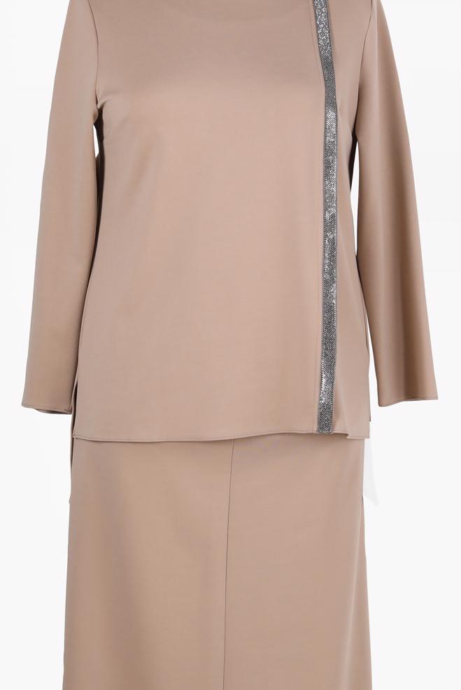Vêtements hijab BEIGE COSTUME JUPE 2 PIÈCES DÉTAIL RAYURES ARGENTÉES 20186 - ALVİNA