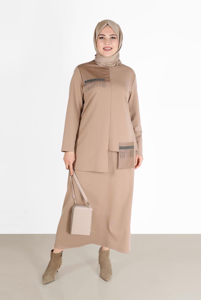 Vêtements hijab BEIGE COSTUME JUPE 2 PIÈCES AVEC POCHE DÉTAIL GEM 20190 - ALVİNA