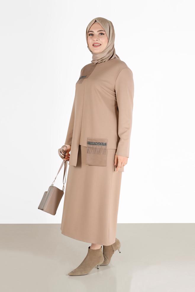 Vêtements hijab BEIGE COSTUME JUPE 2 PIÈCES AVEC POCHE DÉTAIL GEM 20190 - ALVİNA