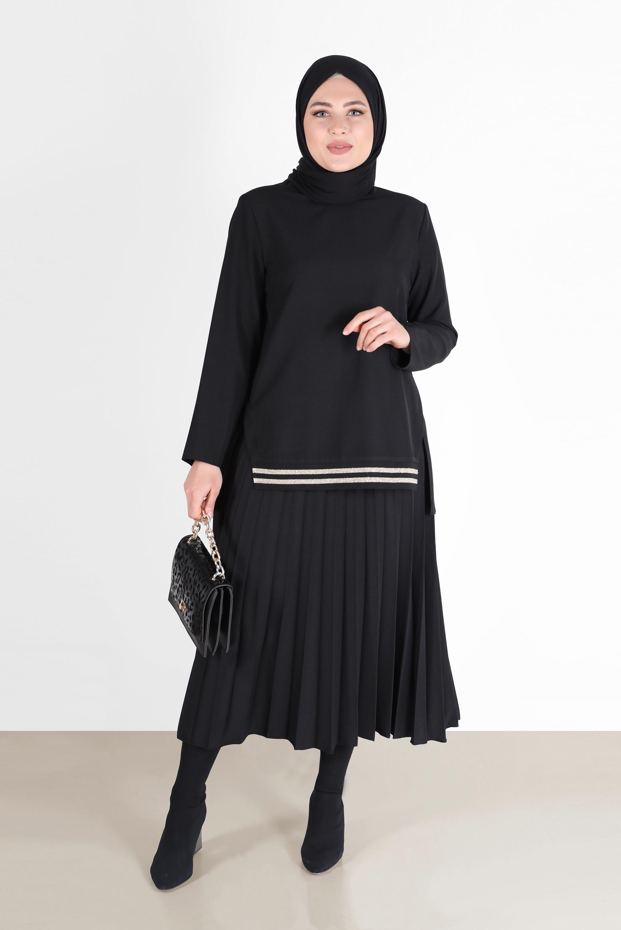 Vêtements hijab NOIR COSTUME JUPE 2 PIÈCES PLISSÉE CTE 20194