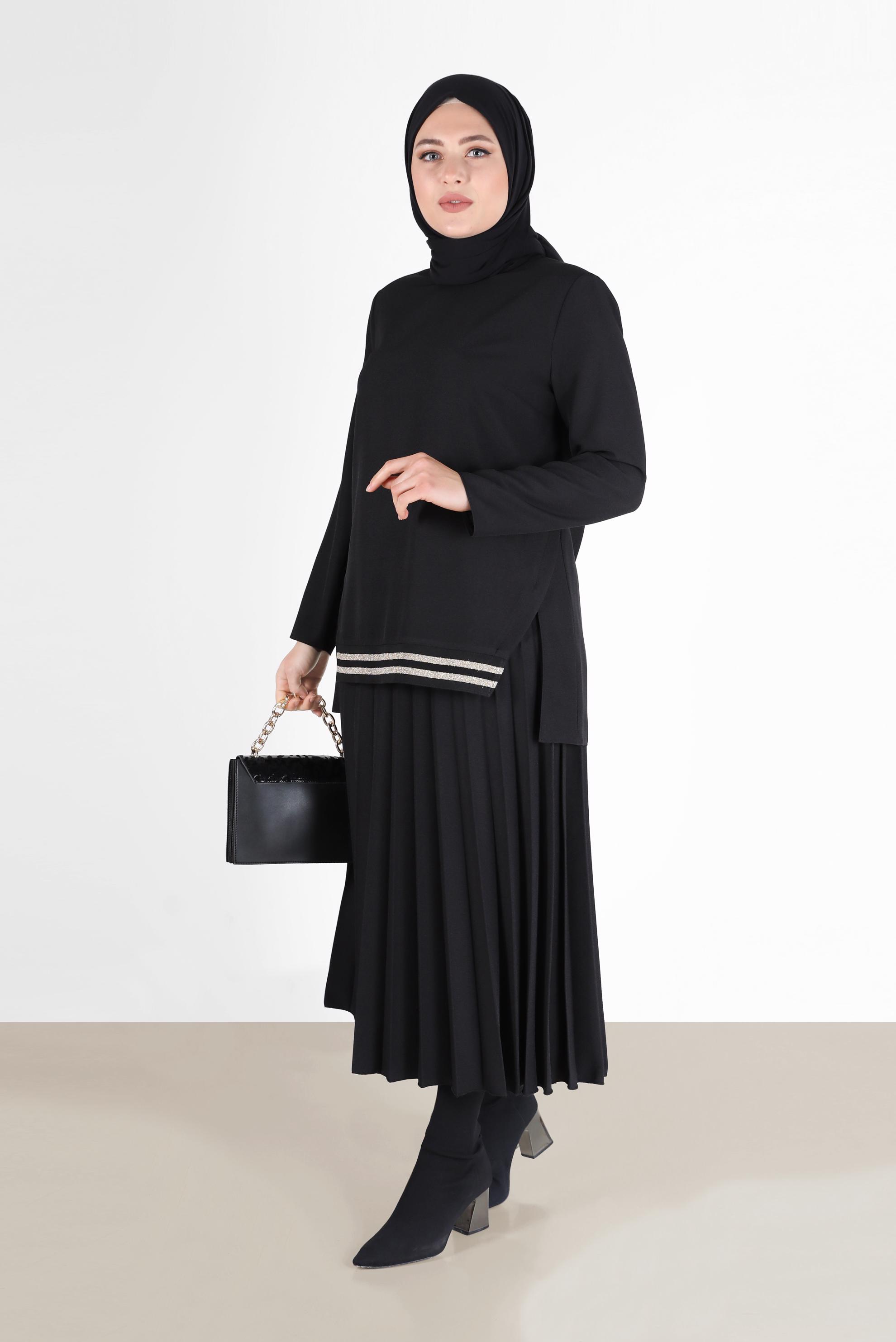 Vêtements hijab NOIR COSTUME JUPE 2 PIÈCES PLISSÉE CTE 20194