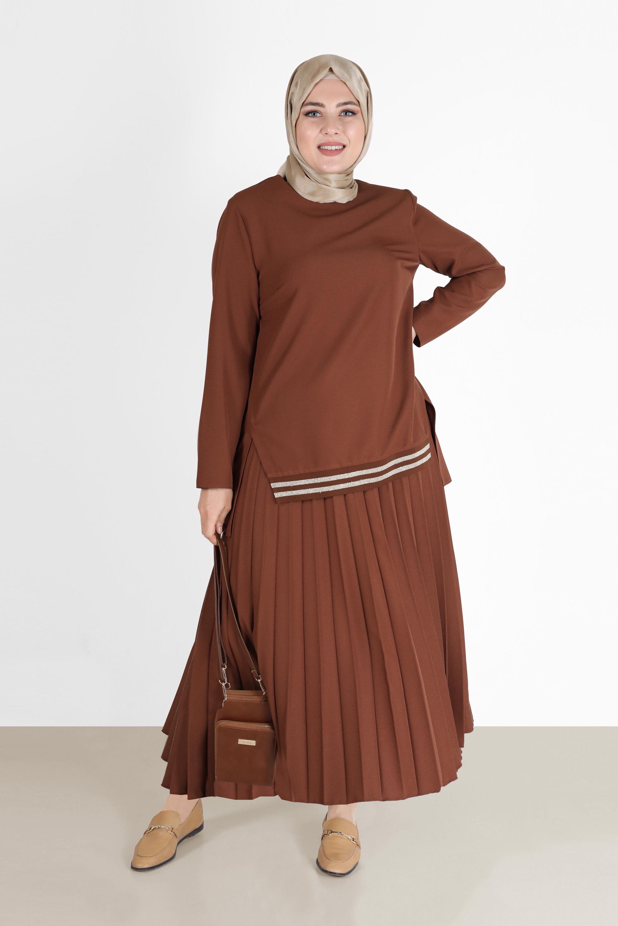 Tesettür giyim BAKIR / BRONZ PİLİSELİ RİBANALI İKİLİ ETEKLİ TAKIM 20194 