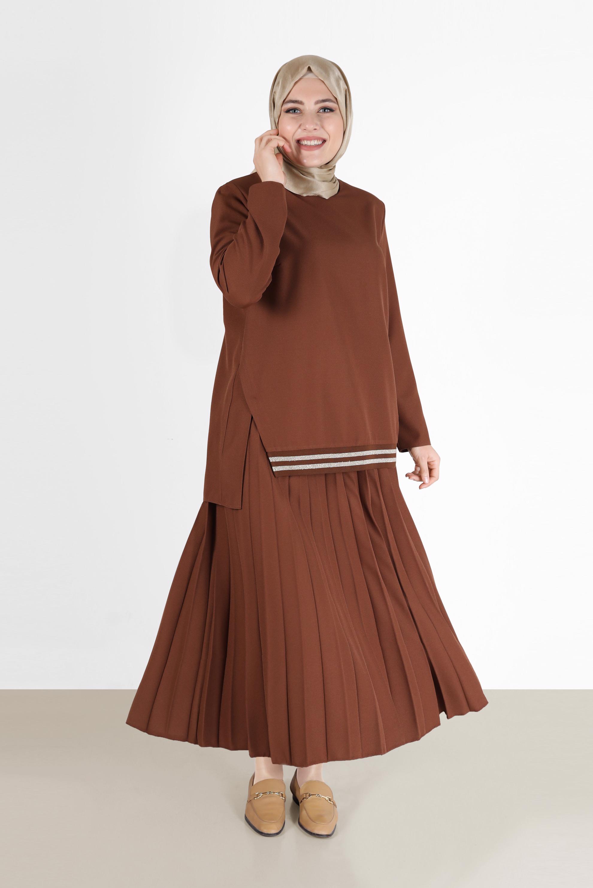 Tesettür giyim BAKIR / BRONZ PİLİSELİ RİBANALI İKİLİ ETEKLİ TAKIM 20194 