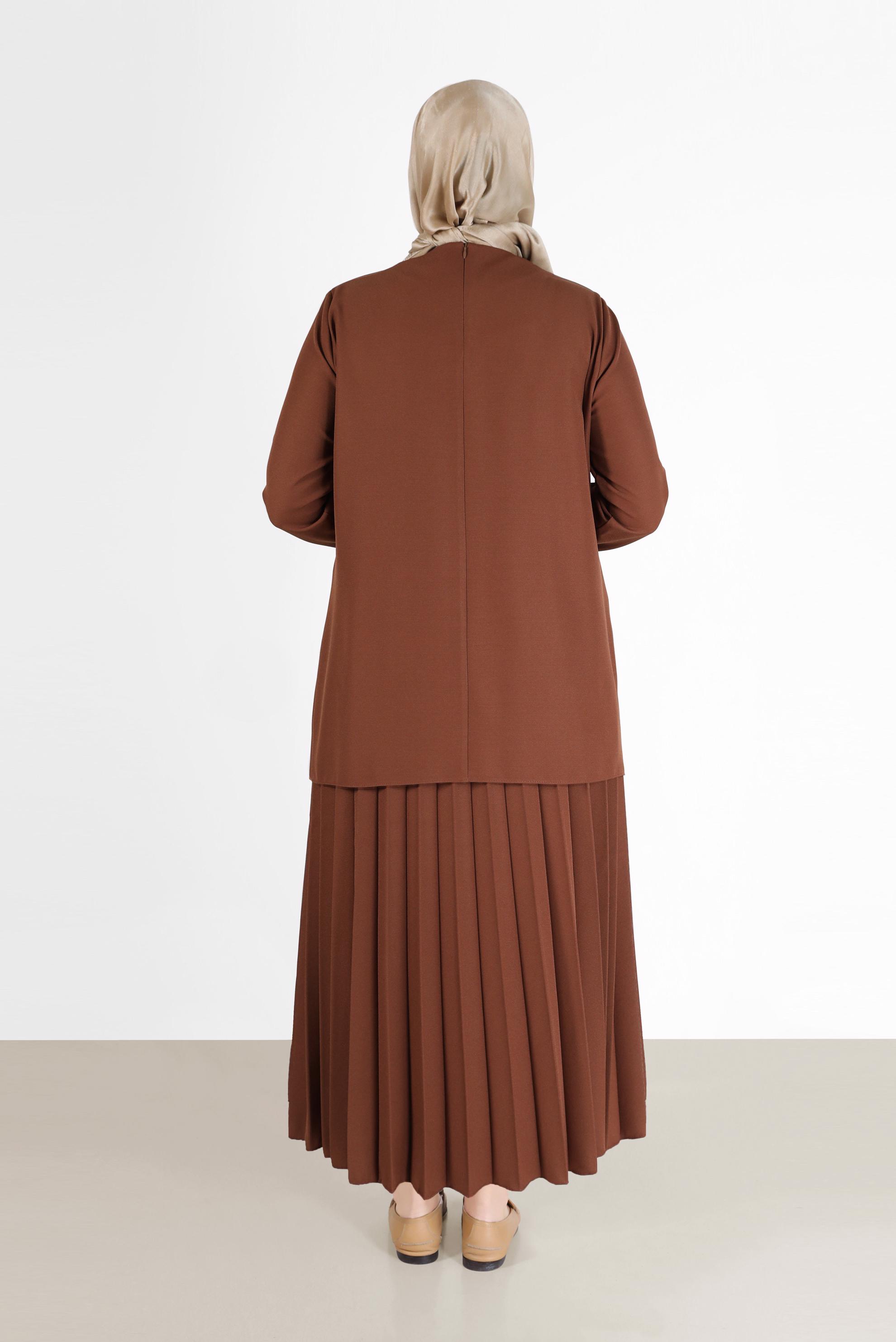 Tesettür giyim BAKIR / BRONZ PİLİSELİ RİBANALI İKİLİ ETEKLİ TAKIM 20194 