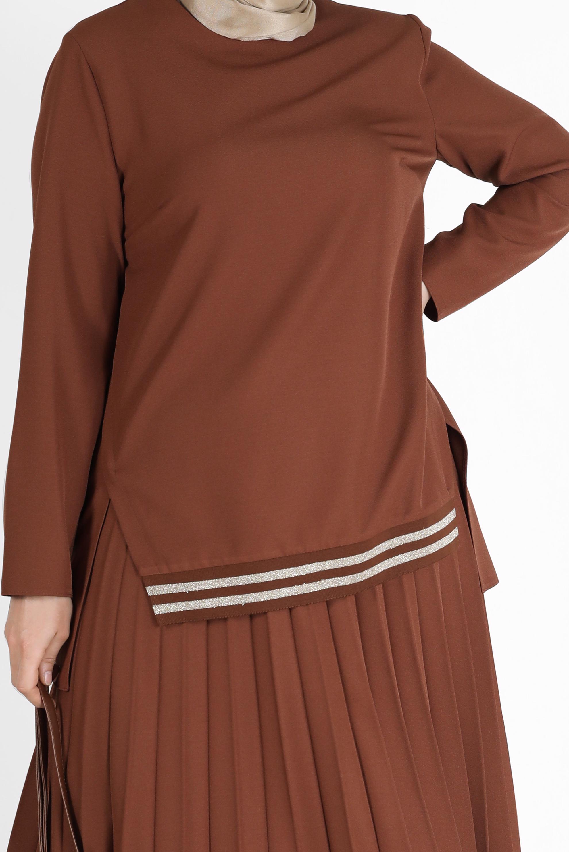 Tesettür giyim BAKIR / BRONZ PİLİSELİ RİBANALI İKİLİ ETEKLİ TAKIM 20194 