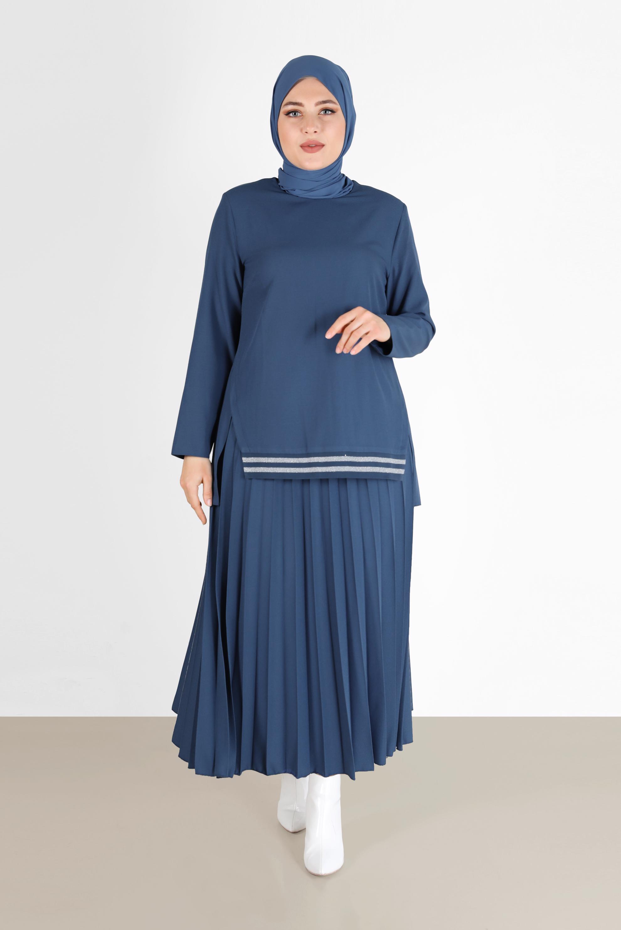 Tesettür giyim LACİVERT PİLİSELİ RİBANALI İKİLİ ETEKLİ TAKIM 20194 