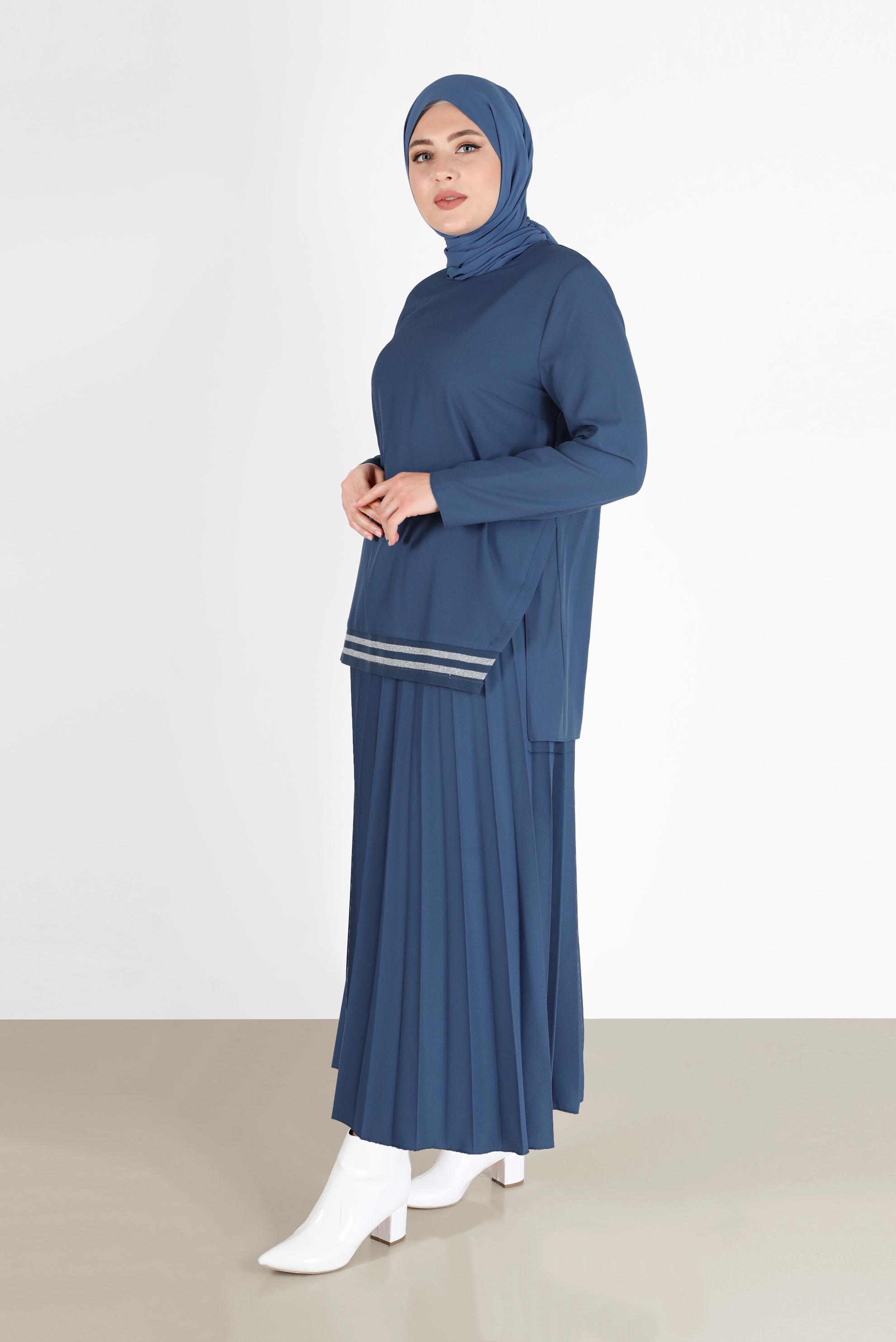 Tesettür giyim LACİVERT PİLİSELİ RİBANALI İKİLİ ETEKLİ TAKIM 20194 