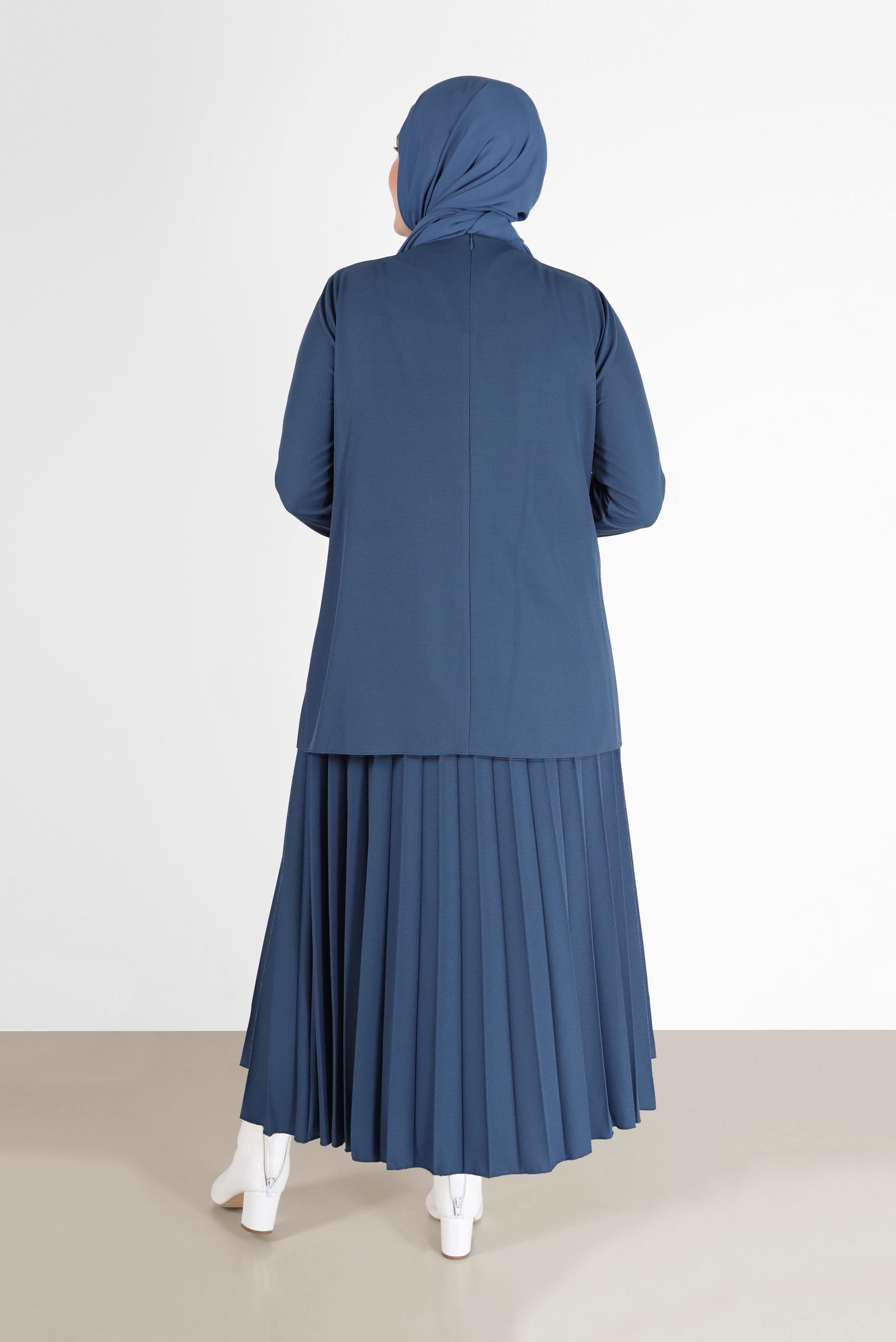 Tesettür giyim LACİVERT PİLİSELİ RİBANALI İKİLİ ETEKLİ TAKIM 20194 