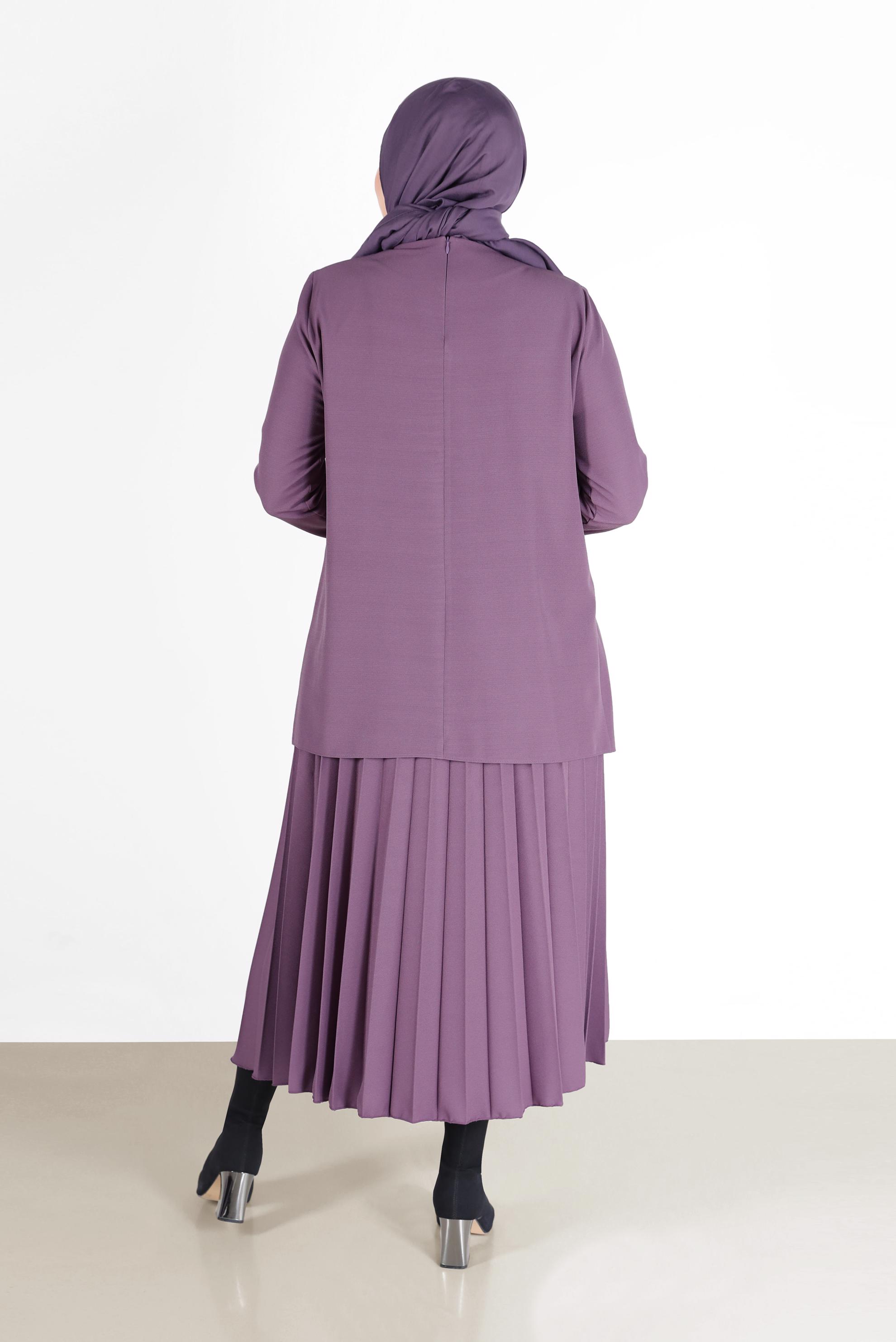 Tesettür giyim MOR PİLİSELİ RİBANALI İKİLİ ETEKLİ TAKIM 20194 