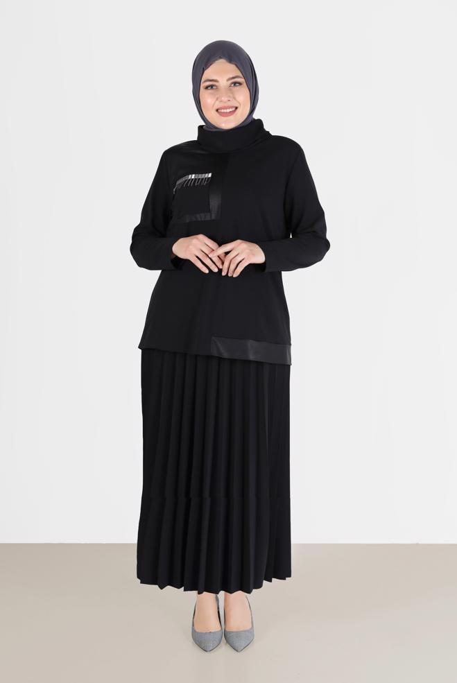 Vêtements hijab NOIR JUPE 2 PIÈCES PLISSÉE DÉTAIL POCHE 20195 - ALVİNA