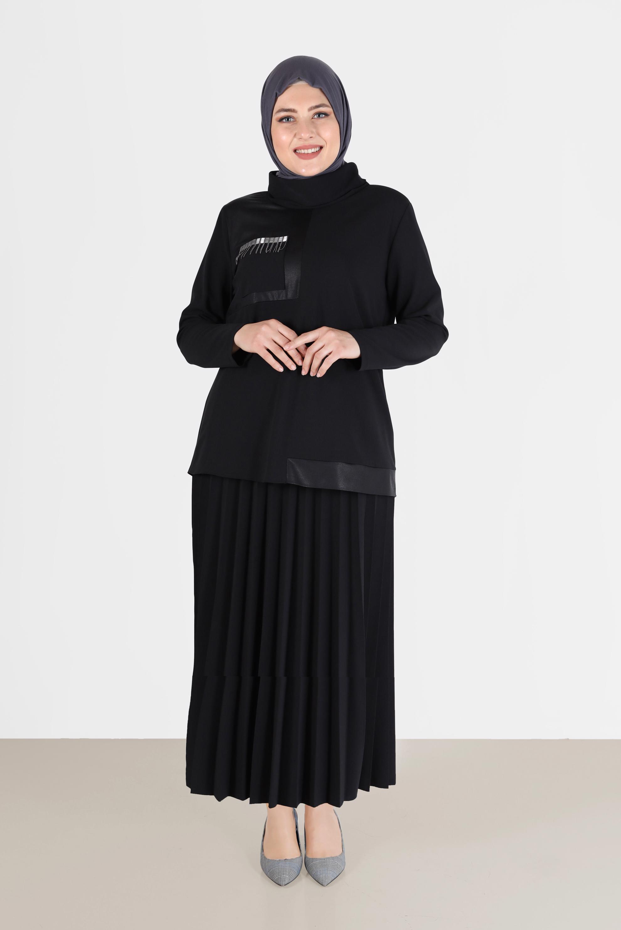 Hijab clothing BLACK POCKET DETAIL PLEATED 2-PIECE SKIRTED SUIT 20195 