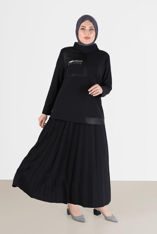Vêtements hijab NOIR JUPE 2 PIÈCES PLISSÉE DÉTAIL POCHE 20195 - ALVİNA