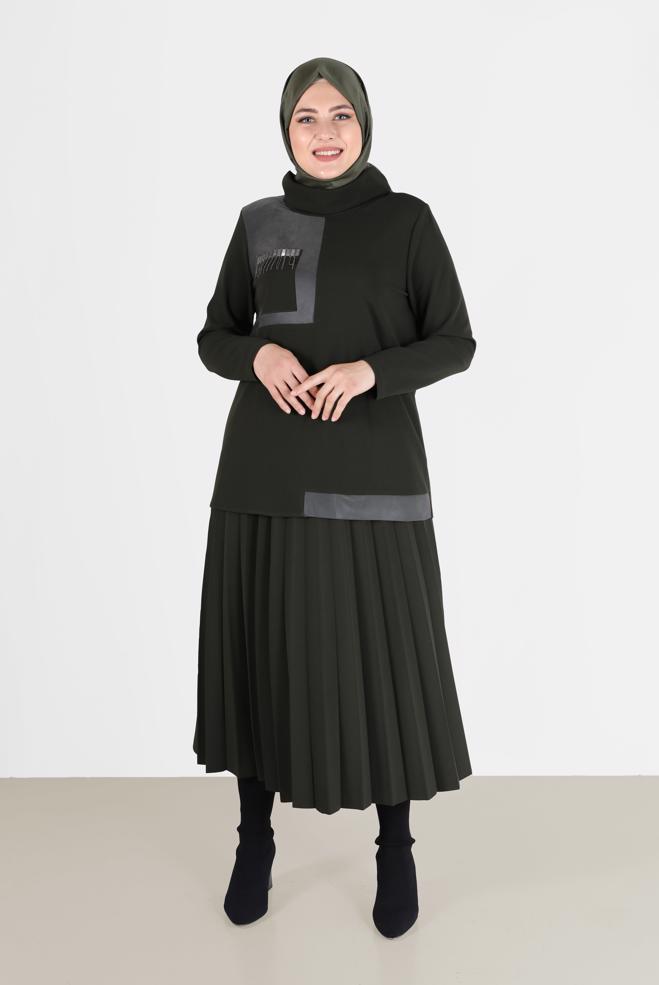 Vêtements hijab KAKI JUPE 2 PIÈCES PLISSÉE DÉTAIL POCHE 20195 - ALVİNA