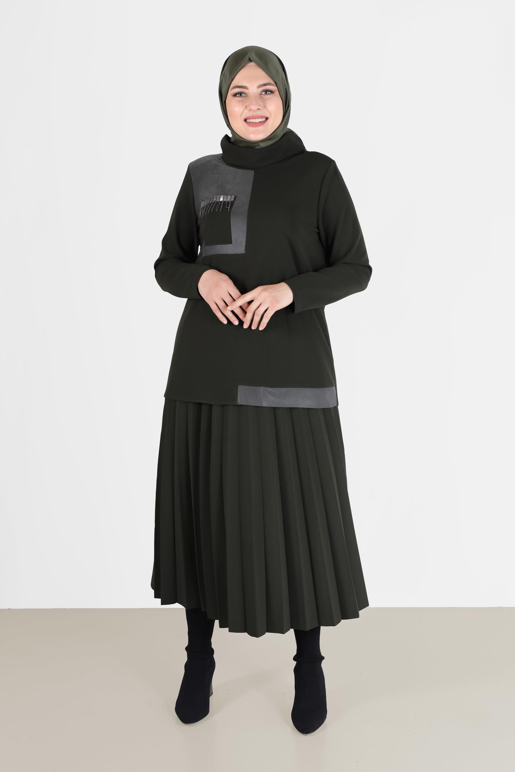 Tesettür giyim HAKİ CEP DETAYLI PİLİSELİ İKİLİ ETEKLİ TAKIM 20195 