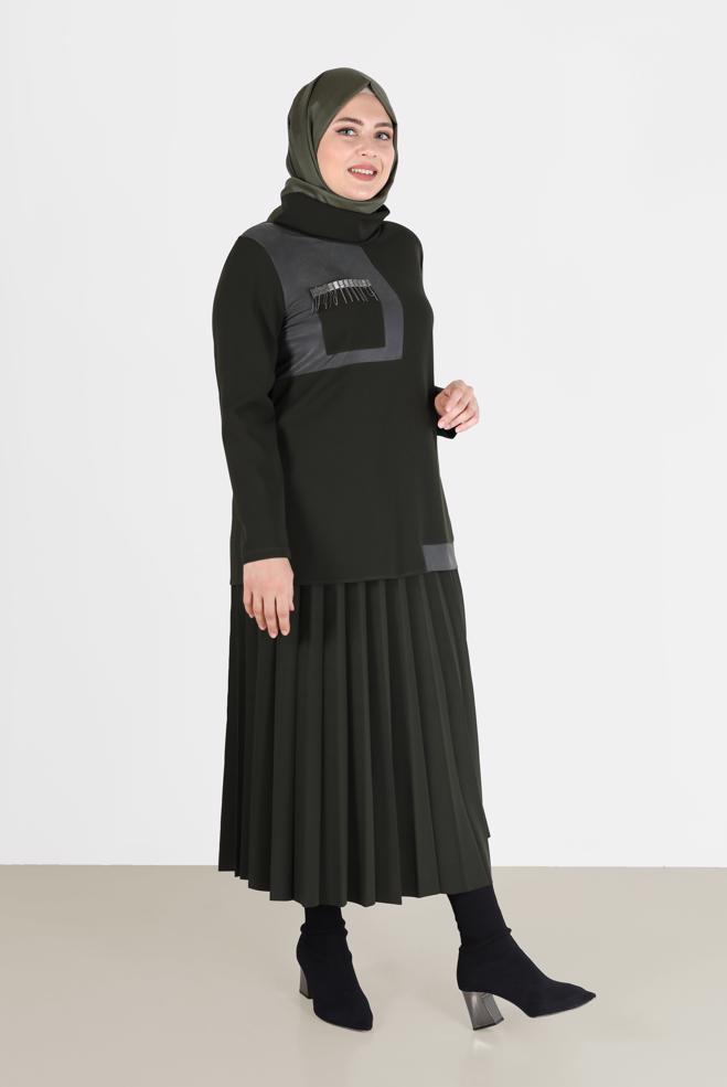 Vêtements hijab KAKI JUPE 2 PIÈCES PLISSÉE DÉTAIL POCHE 20195 - ALVİNA