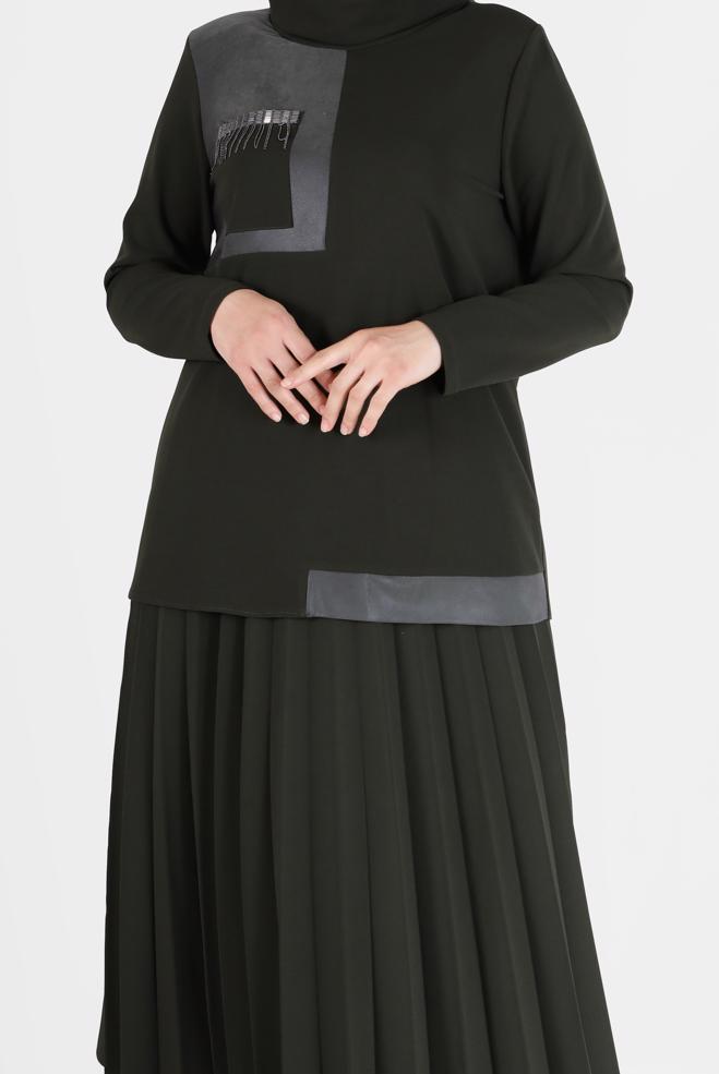 Vêtements hijab KAKI JUPE 2 PIÈCES PLISSÉE DÉTAIL POCHE 20195 - ALVİNA