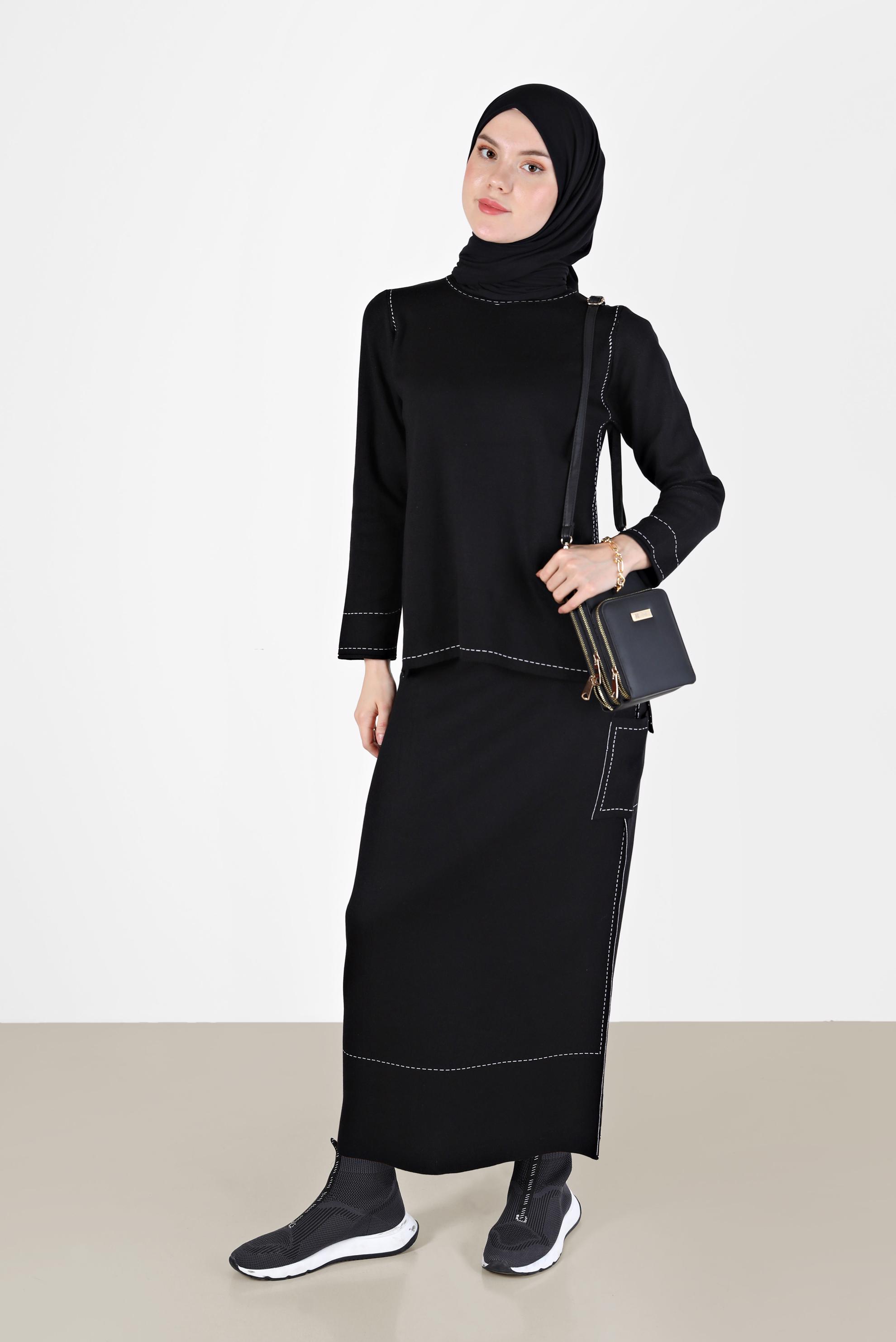 Tesettür giyim SİYAH DİKİŞ DETAYLI İKİLİ ETEKLİ TRİKO TAKIM 42083 