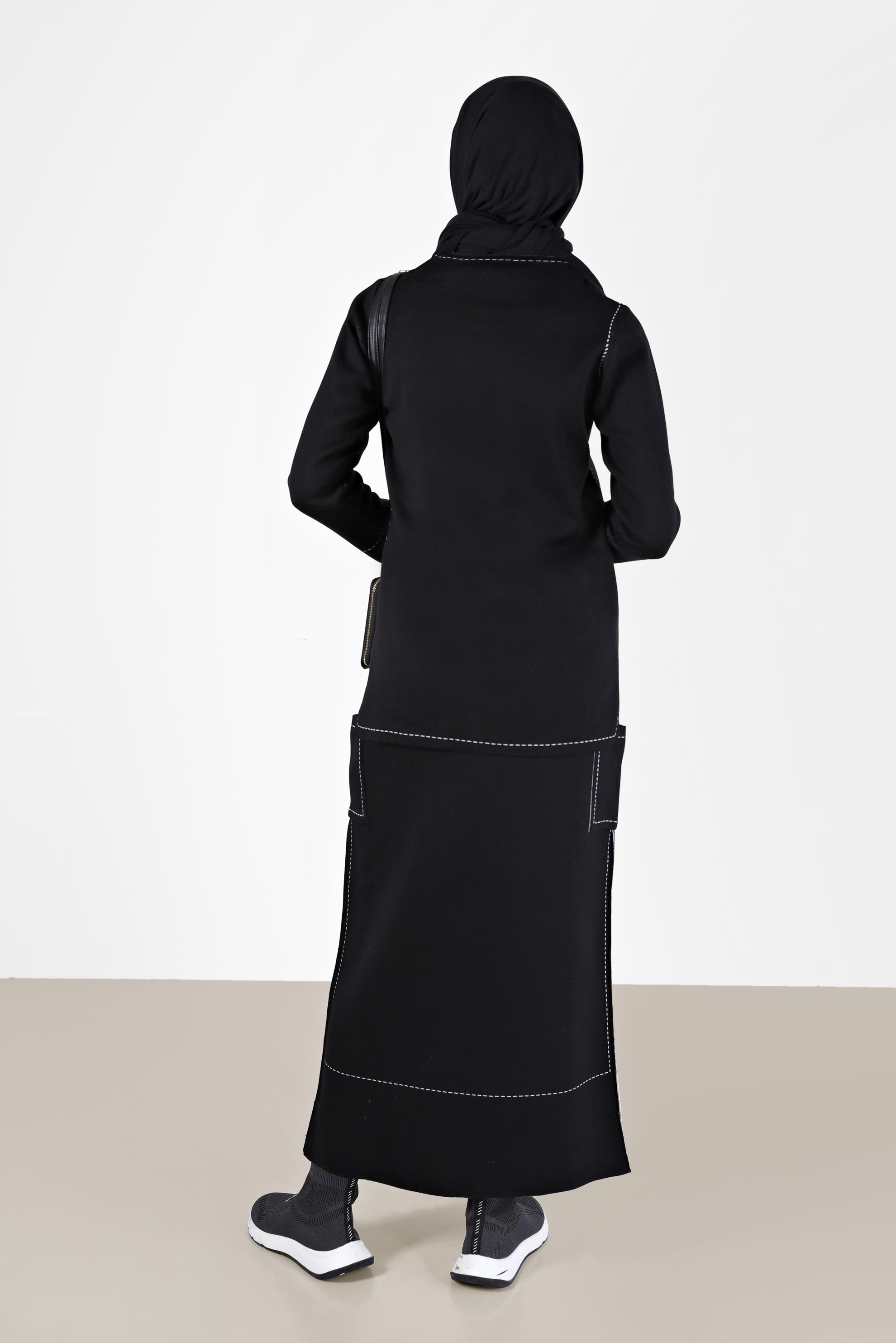 Tesettür giyim SİYAH DİKİŞ DETAYLI İKİLİ ETEKLİ TRİKO TAKIM 42083 