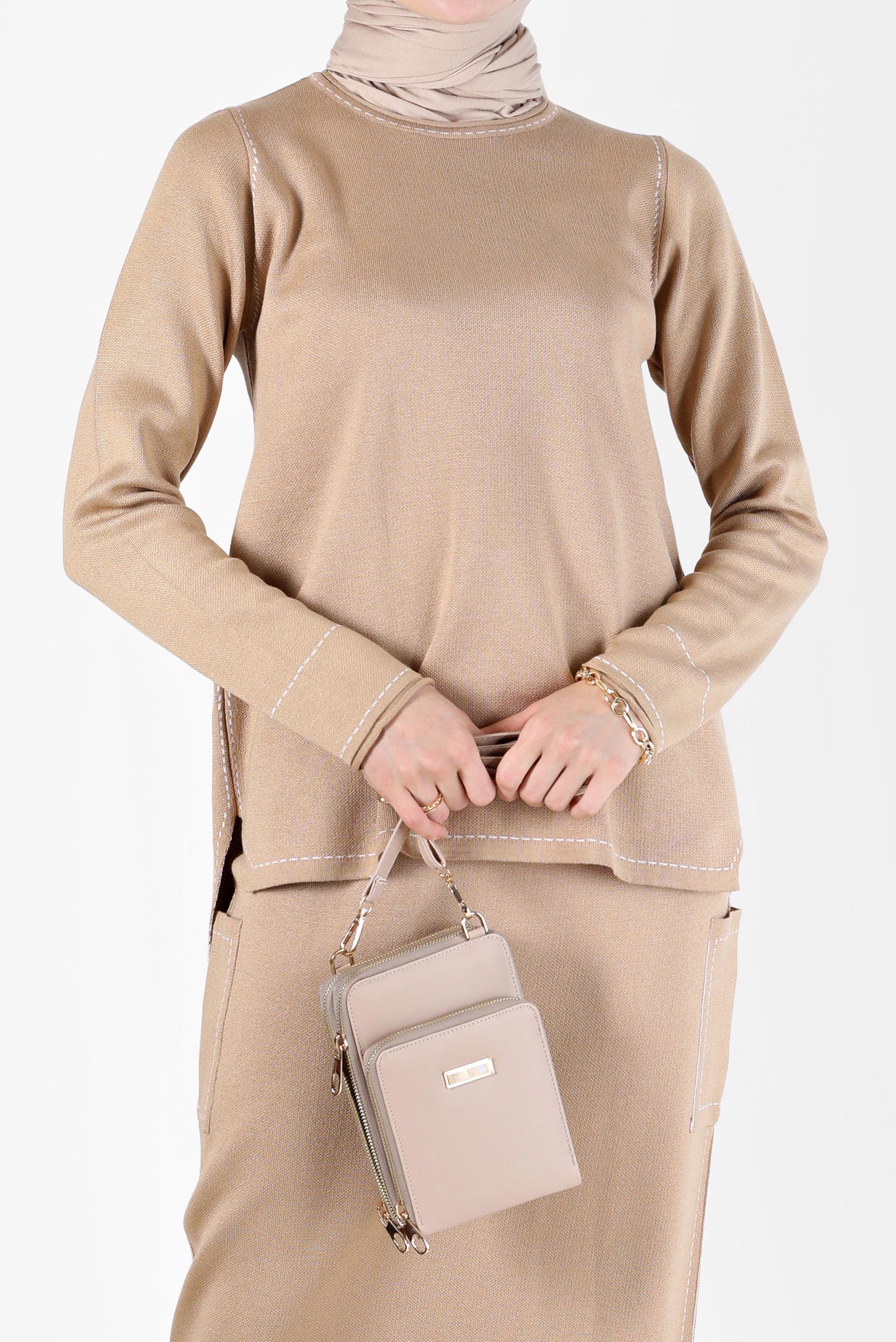 Vêtements hijab BRUN COSTUME JUPE EN MAILLE 2 PIÈCES AVEC DÉTAIL SURPIQUÉ 42083