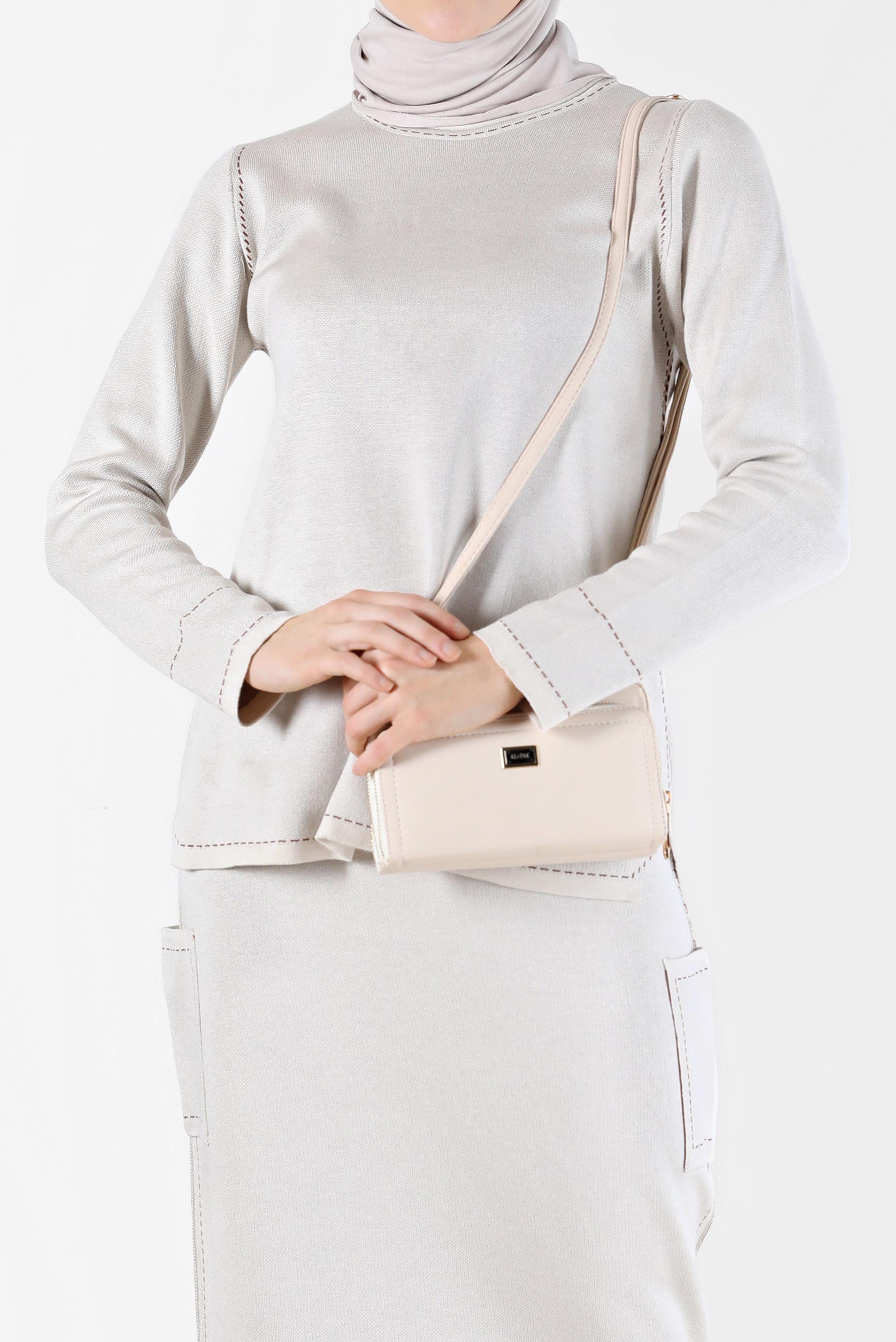 Tesettür giyim BEJ DİKİŞ DETAYLI İKİLİ ETEKLİ TRİKO TAKIM 42083 