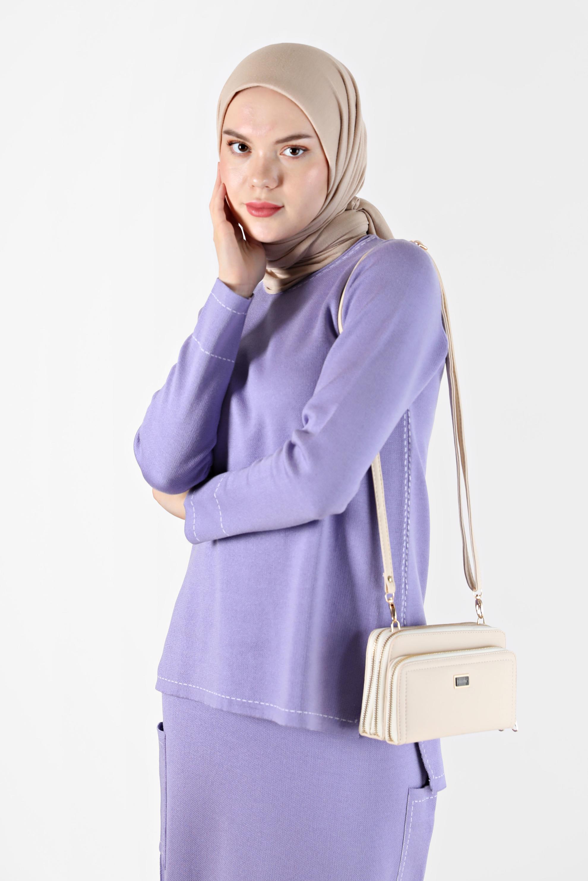 Vêtements hijab POURPRE COSTUME JUPE EN MAILLE 2 PIÈCES AVEC DÉTAIL SURPIQUÉ 42083