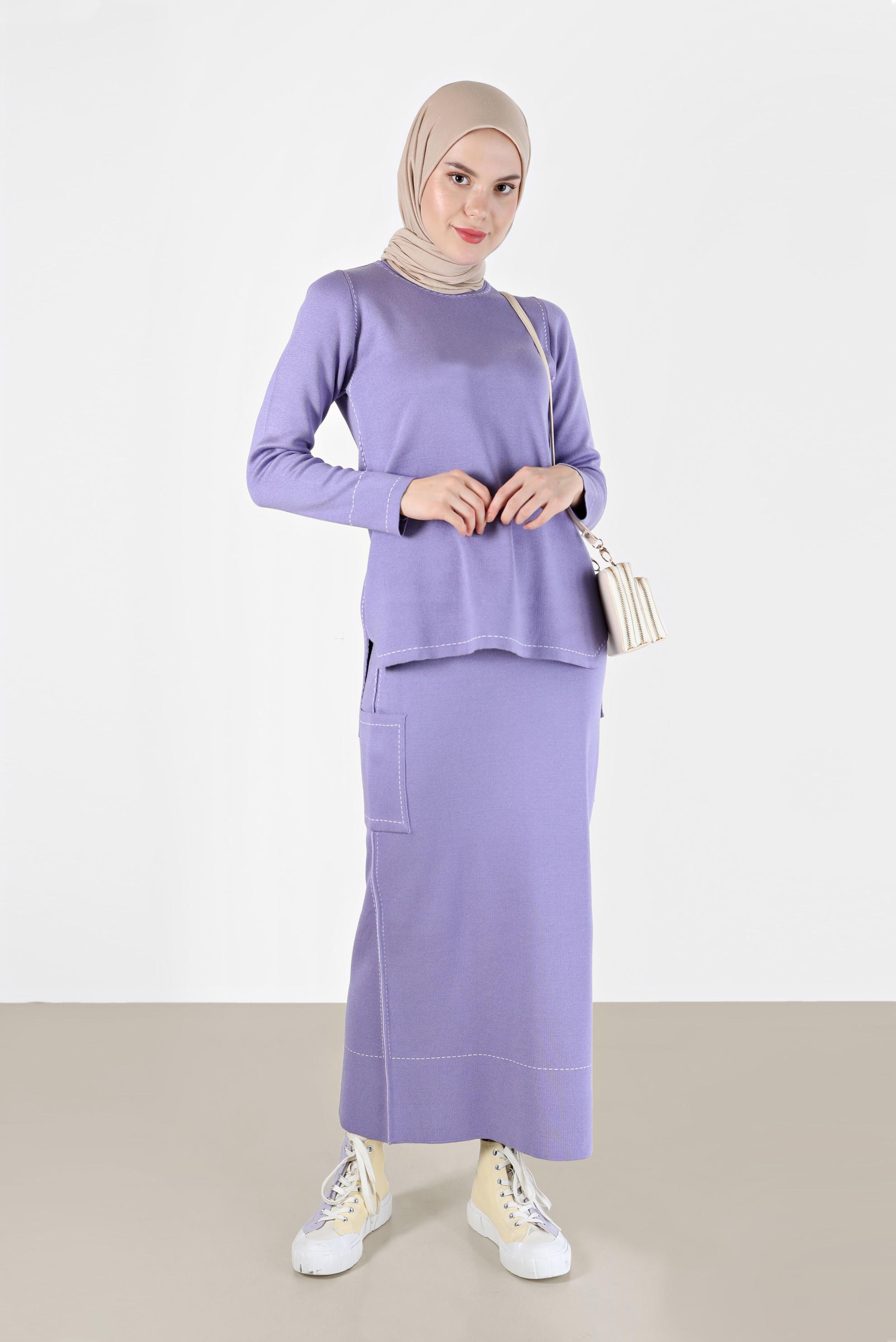 Vêtements hijab POURPRE COSTUME JUPE EN MAILLE 2 PIÈCES AVEC DÉTAIL SURPIQUÉ 42083