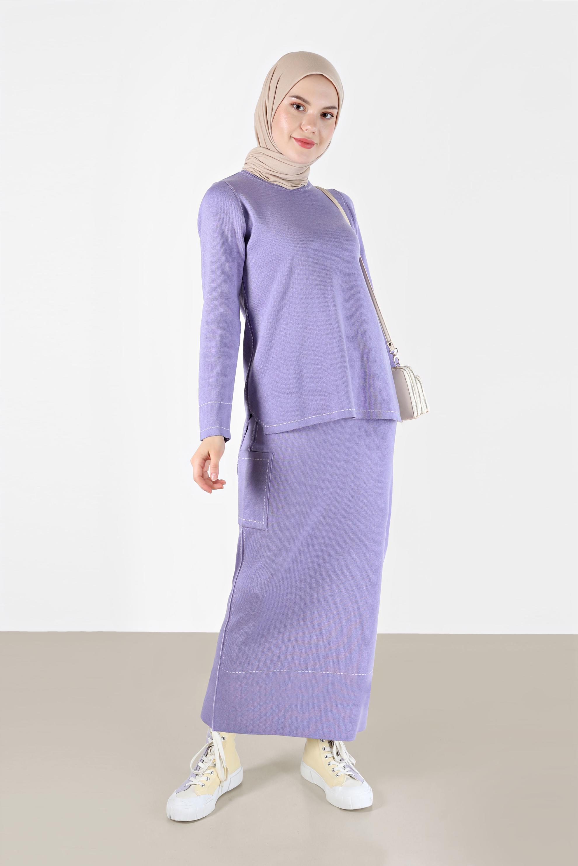 Vêtements hijab POURPRE COSTUME JUPE EN MAILLE 2 PIÈCES AVEC DÉTAIL SURPIQUÉ 42083