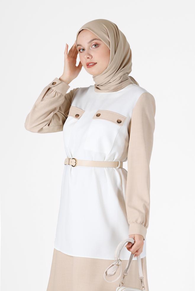 Vêtements hijab BEIGE COSTUME JUPE 2 PIÈCES AVEC CEINTURE DÉTAIL POCHE 42170 - ALVİNA