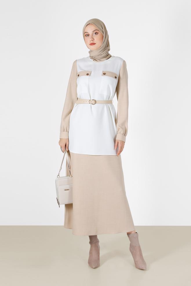 Vêtements hijab BEIGE COSTUME JUPE 2 PIÈCES AVEC CEINTURE DÉTAIL POCHE 42170 - ALVİNA
