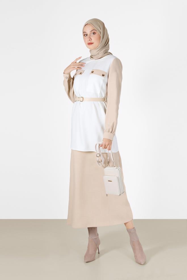 Vêtements hijab BEIGE COSTUME JUPE 2 PIÈCES AVEC CEINTURE DÉTAIL POCHE 42170 - ALVİNA