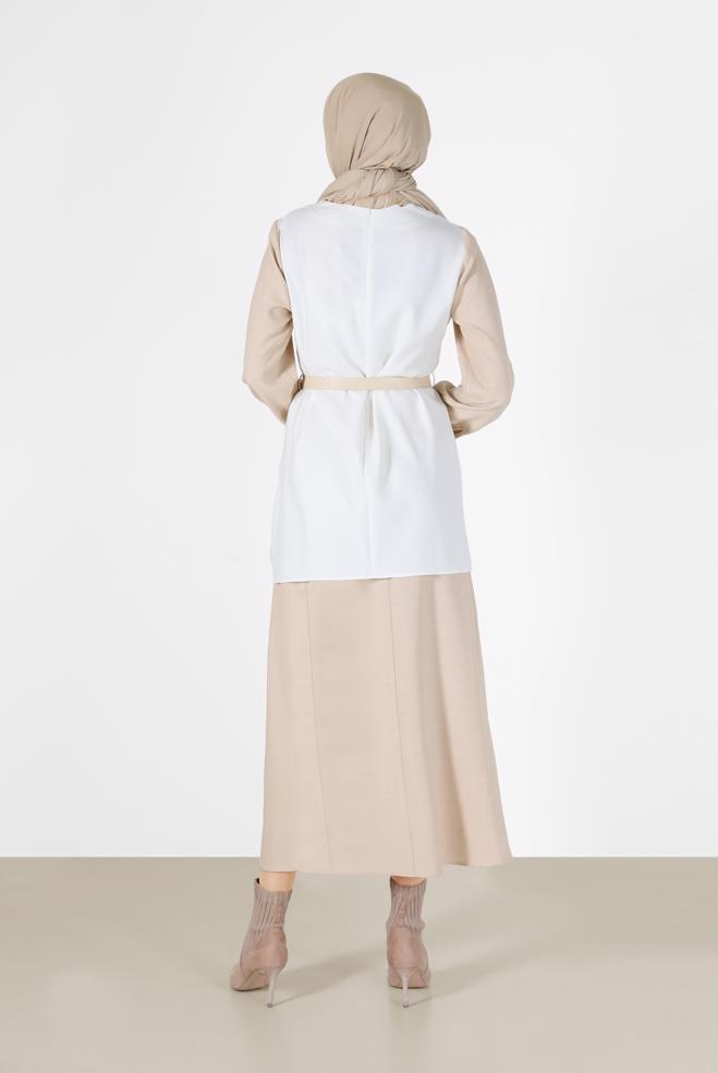 Vêtements hijab BEIGE COSTUME JUPE 2 PIÈCES AVEC CEINTURE DÉTAIL POCHE 42170 - ALVİNA