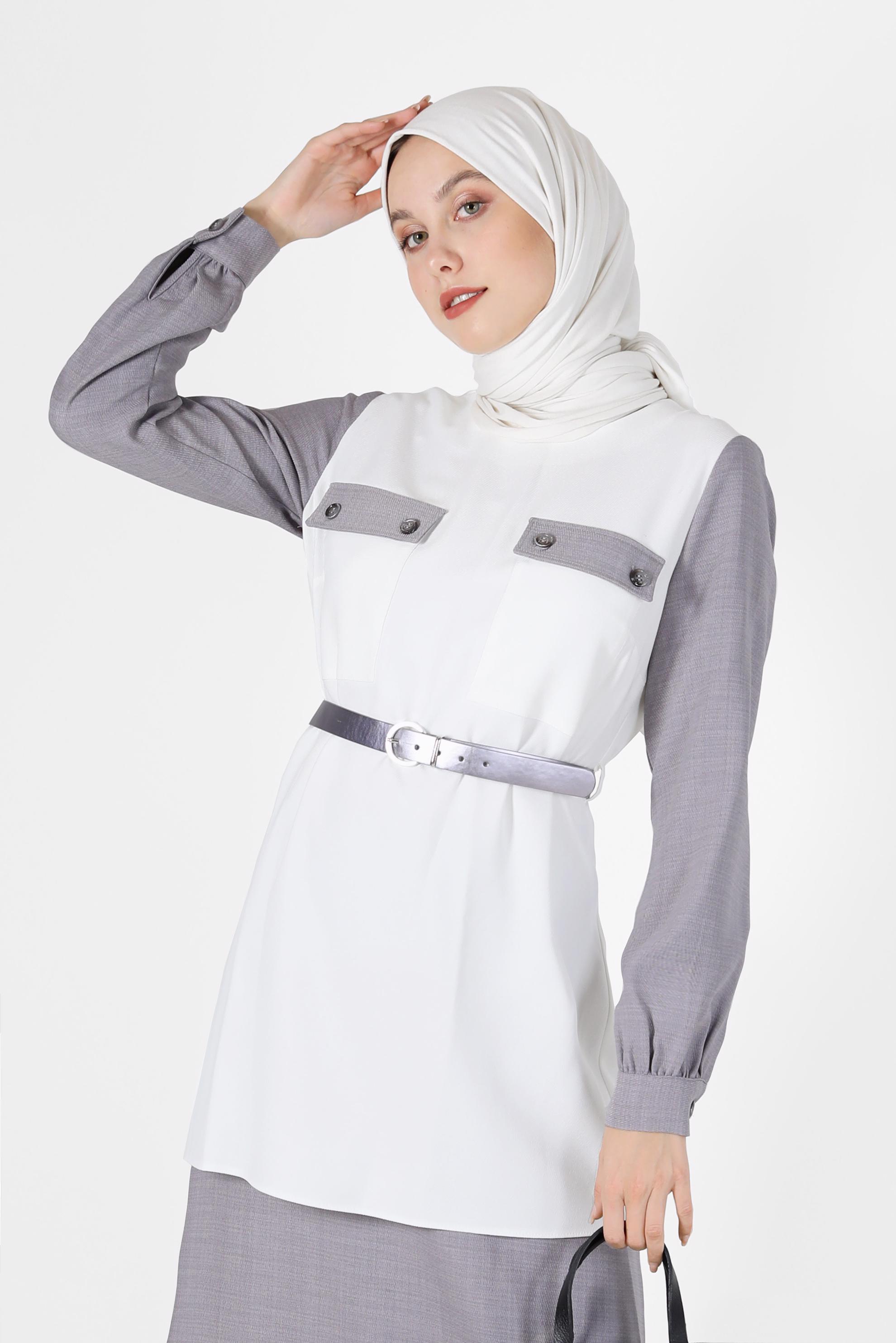 Vêtements hijab GRIS COSTUME JUPE 2 PIÈCES AVEC CEINTURE DÉTAIL POCHE 42170