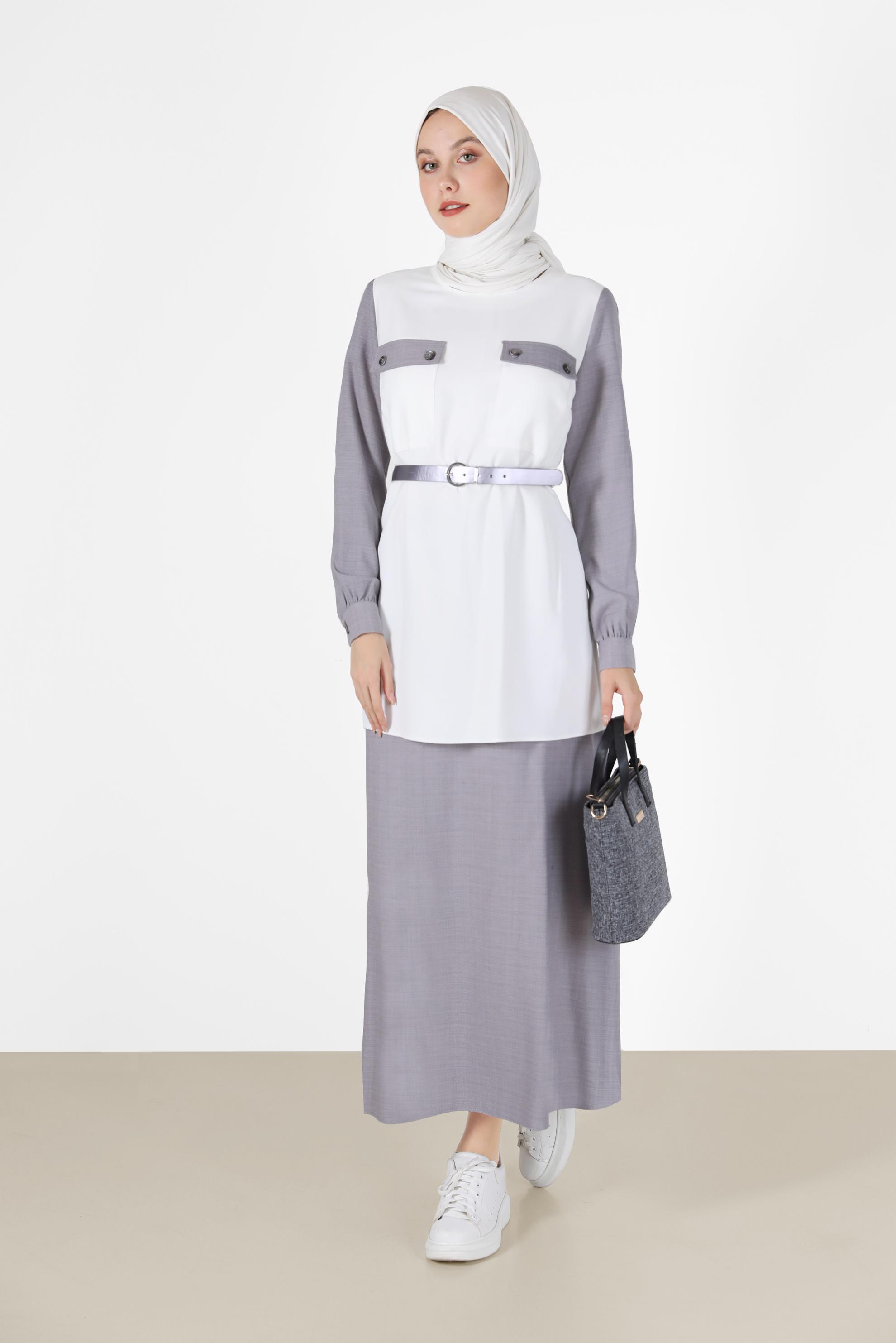 Vêtements hijab GRIS COSTUME JUPE 2 PIÈCES AVEC CEINTURE DÉTAIL POCHE 42170