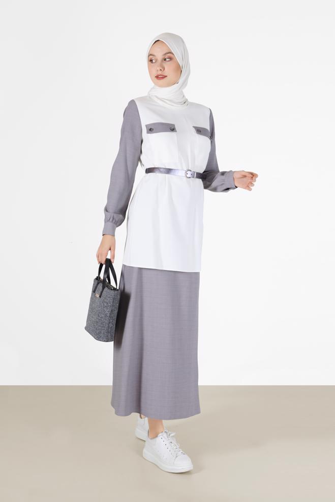 Vêtements hijab GRIS COSTUME JUPE 2 PIÈCES AVEC CEINTURE DÉTAIL POCHE 42170 - ALVİNA