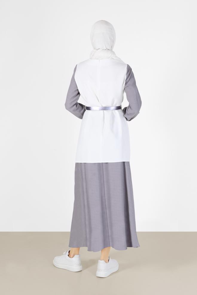 Vêtements hijab GRIS COSTUME JUPE 2 PIÈCES AVEC CEINTURE DÉTAIL POCHE 42170 - ALVİNA