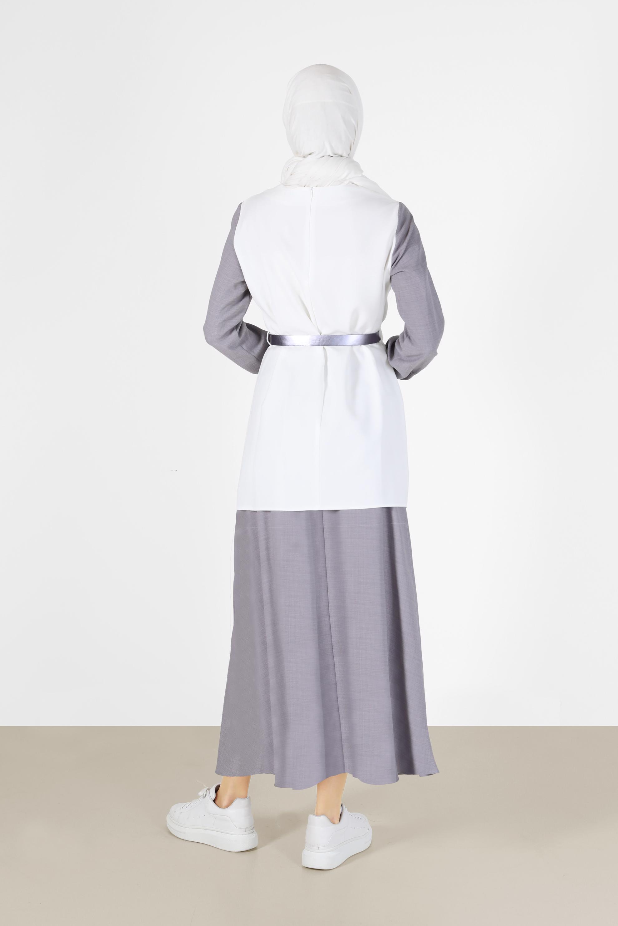 Vêtements hijab GRIS COSTUME JUPE 2 PIÈCES AVEC CEINTURE DÉTAIL POCHE 42170