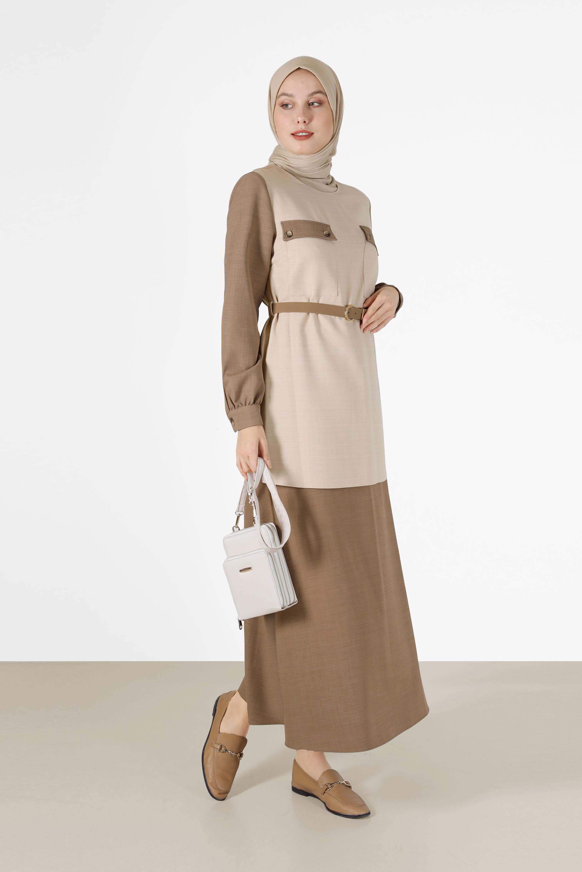 Tesettür giyim KAHVE CEP DETAYLI KEMERLİ İKİLİ ETEKLİ TAKIM 42170 