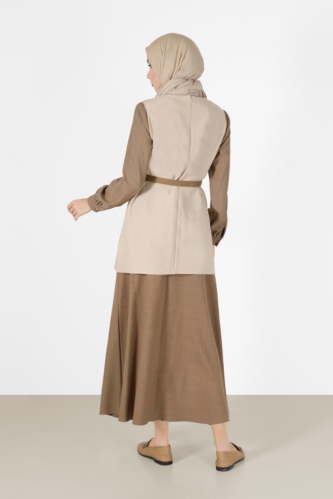 Vêtements hijab BRUN COSTUME JUPE 2 PIÈCES AVEC CEINTURE DÉTAIL POCHE 42170 - ALVİNA