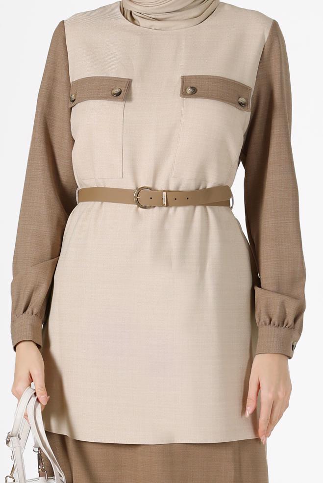 Vêtements hijab BRUN COSTUME JUPE 2 PIÈCES AVEC CEINTURE DÉTAIL POCHE 42170 - ALVİNA