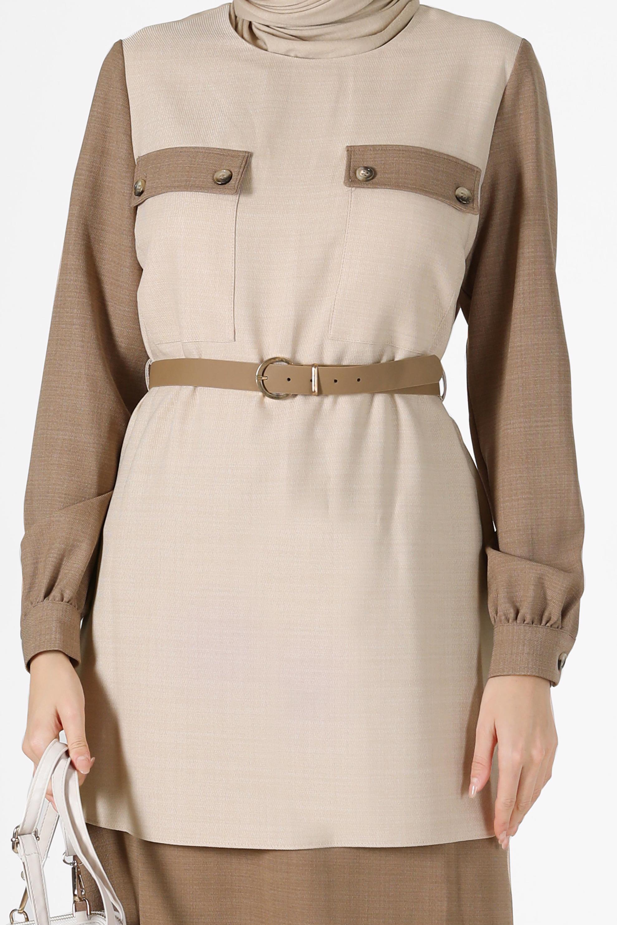 Tesettür giyim KAHVE CEP DETAYLI KEMERLİ İKİLİ ETEKLİ TAKIM 42170 