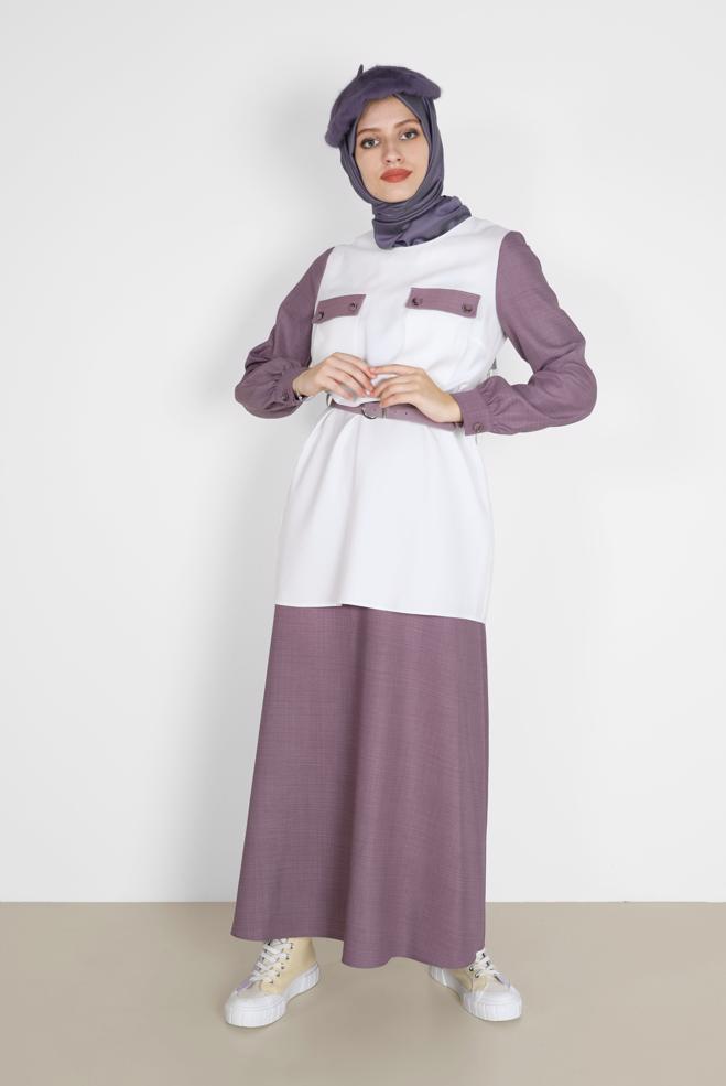 Vêtements hijab POURPRE COSTUME JUPE 2 PIÈCES AVEC CEINTURE DÉTAIL POCHE 42170 - ALVİNA