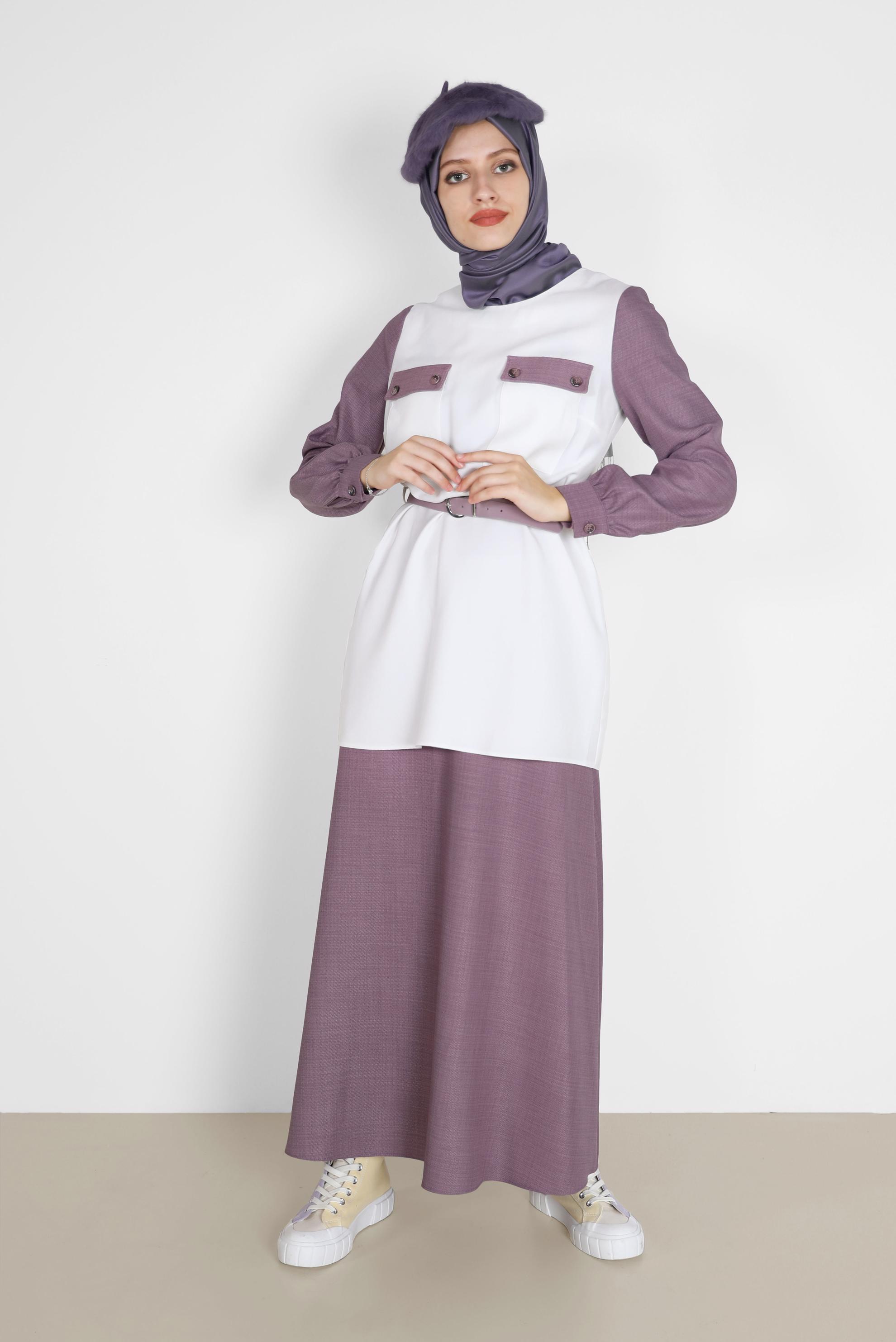 Tesettür giyim MOR CEP DETAYLI KEMERLİ İKİLİ ETEKLİ TAKIM 42170 